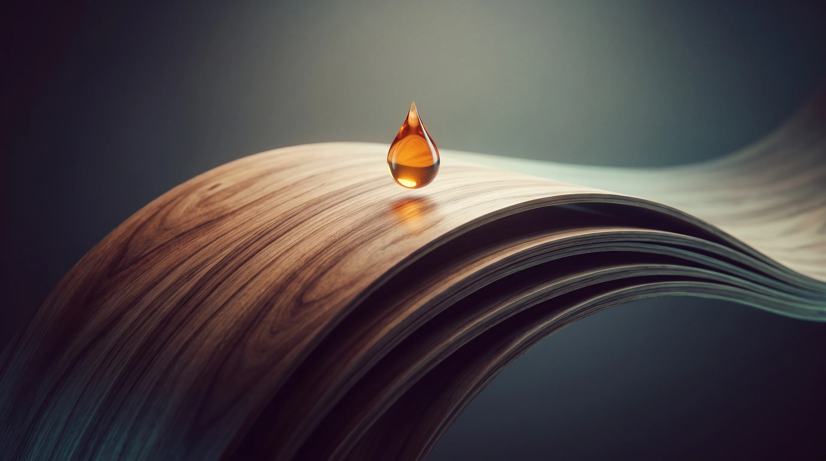 Digital illustration for article section "Content Section 4" in "LignoSphere raises $1.4M for lignin-based adhesives" - A conceptual, macro close-up of beautifully grained plywood veneers gently curving and pressing toge...