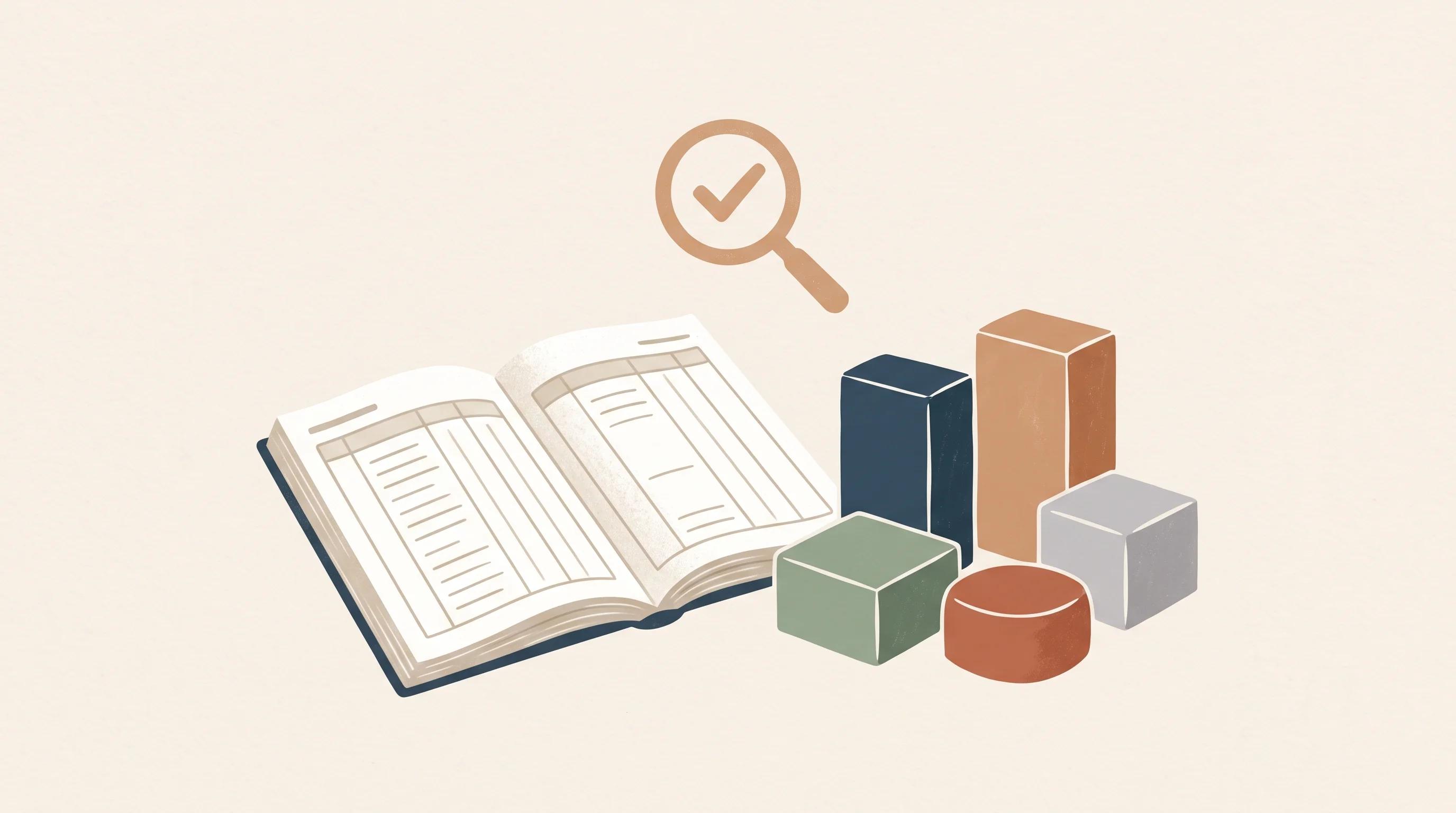 Digital illustration for article section "Content Section 2" in "Complir raises $11M to automate product compliance with AI" - A clean, minimalist composition featuring a beautifully simplified open catalog ledger resting next ...