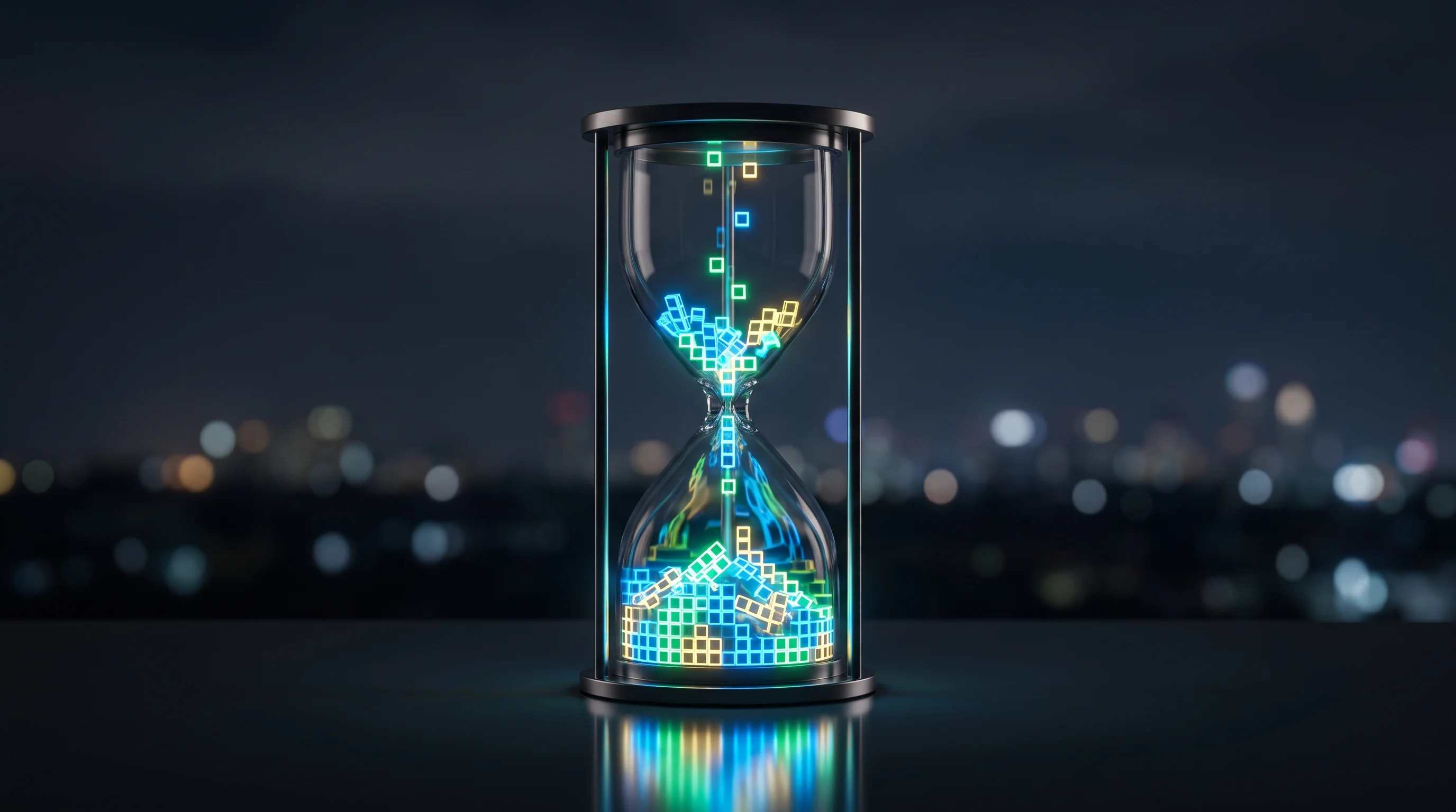 Digital illustration for article section "Can Markov Sustain the Growth?" in "Markov Studios sells 33k+ hours expert data to AI labs" - A minimalist, conceptual representation of rapid business growth and the accumulation of time, featu...
