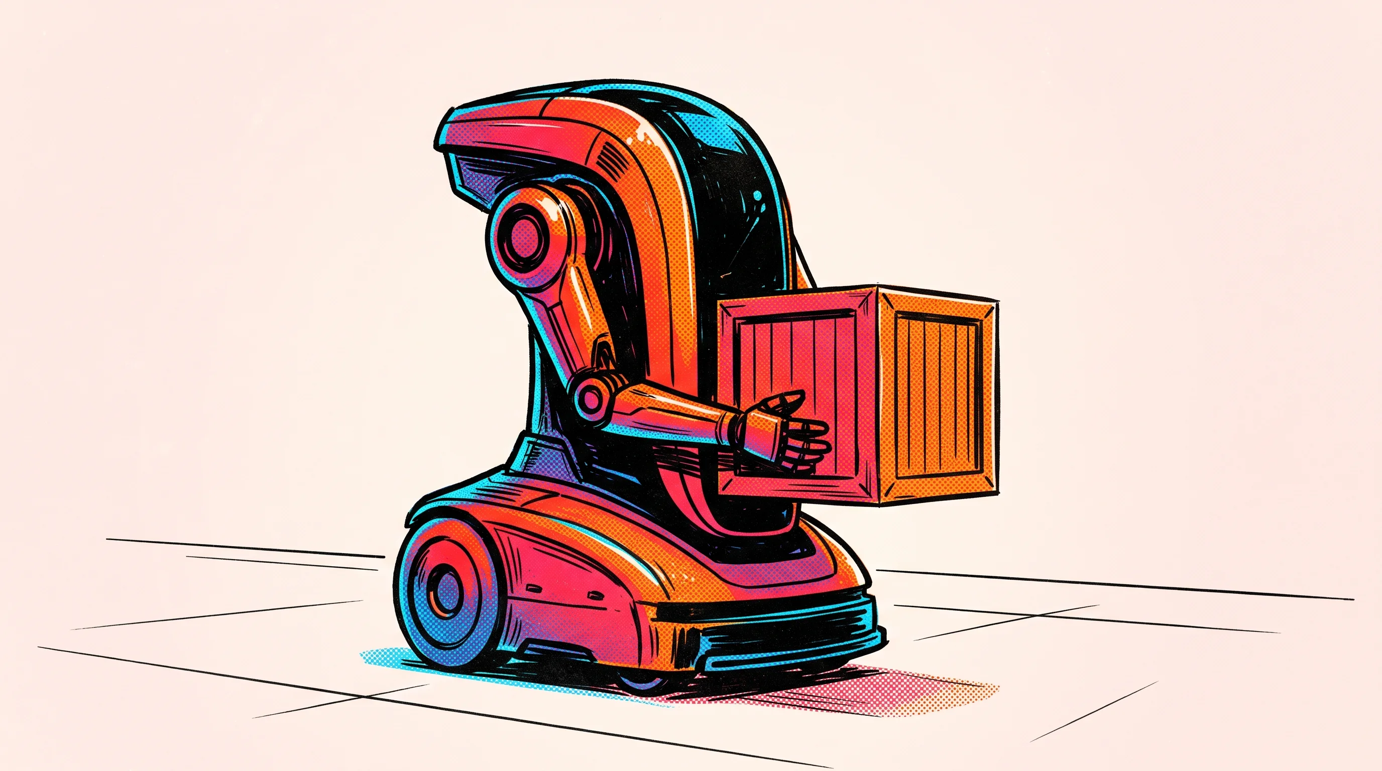 Digital illustration for article section "Content Section 3" in "Logibot raises €1.4M to build temp agency for warehouse robots" - A conceptual, minimal illustration of a sleek autonomous logistics robot carrying a standardized shi...