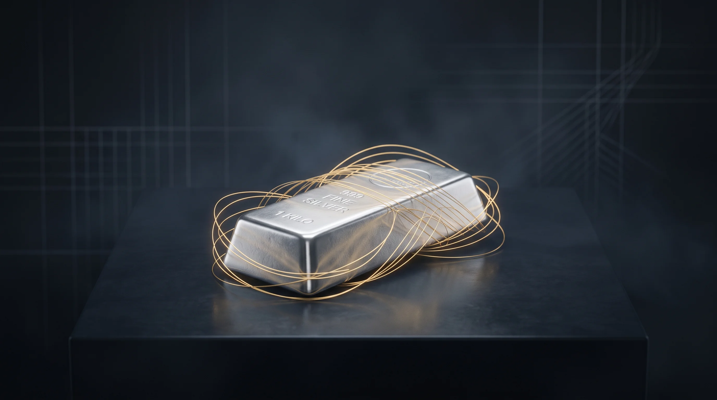 Digital illustration for article section "Credit Wrapped in Code" in "Theo launches tokenized silver backed by $40M in leases" - A conceptual and minimalist composition illustrating physical wealth transitioning into digital fina...