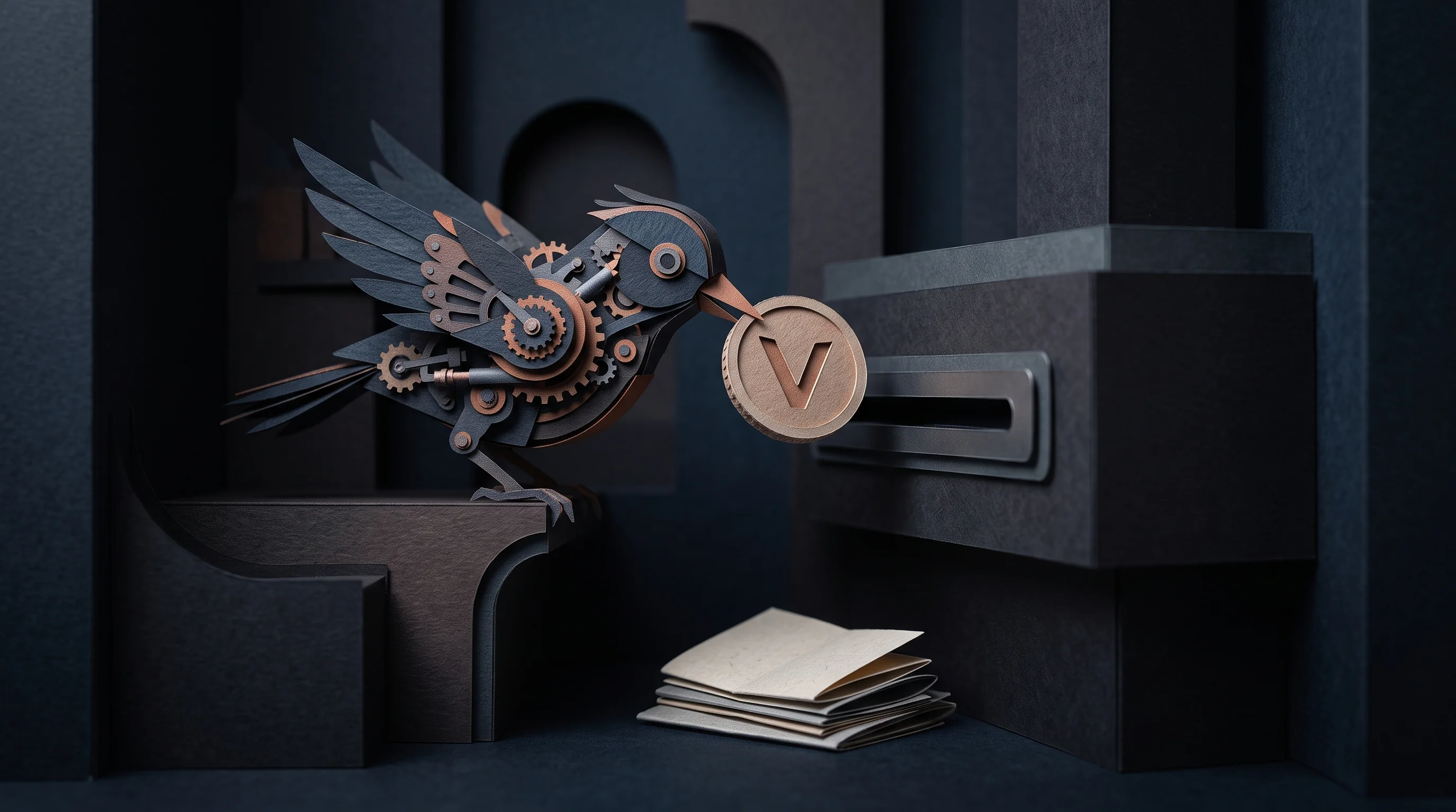 Digital illustration for article section "Positioning for Machine-to-Machine Commerce" in "Creem raises €5M to build billing for AI-native software" - A dark whimsical 3D papercraft diorama illustrating machine-to-machine commerce, featuring a stylize...