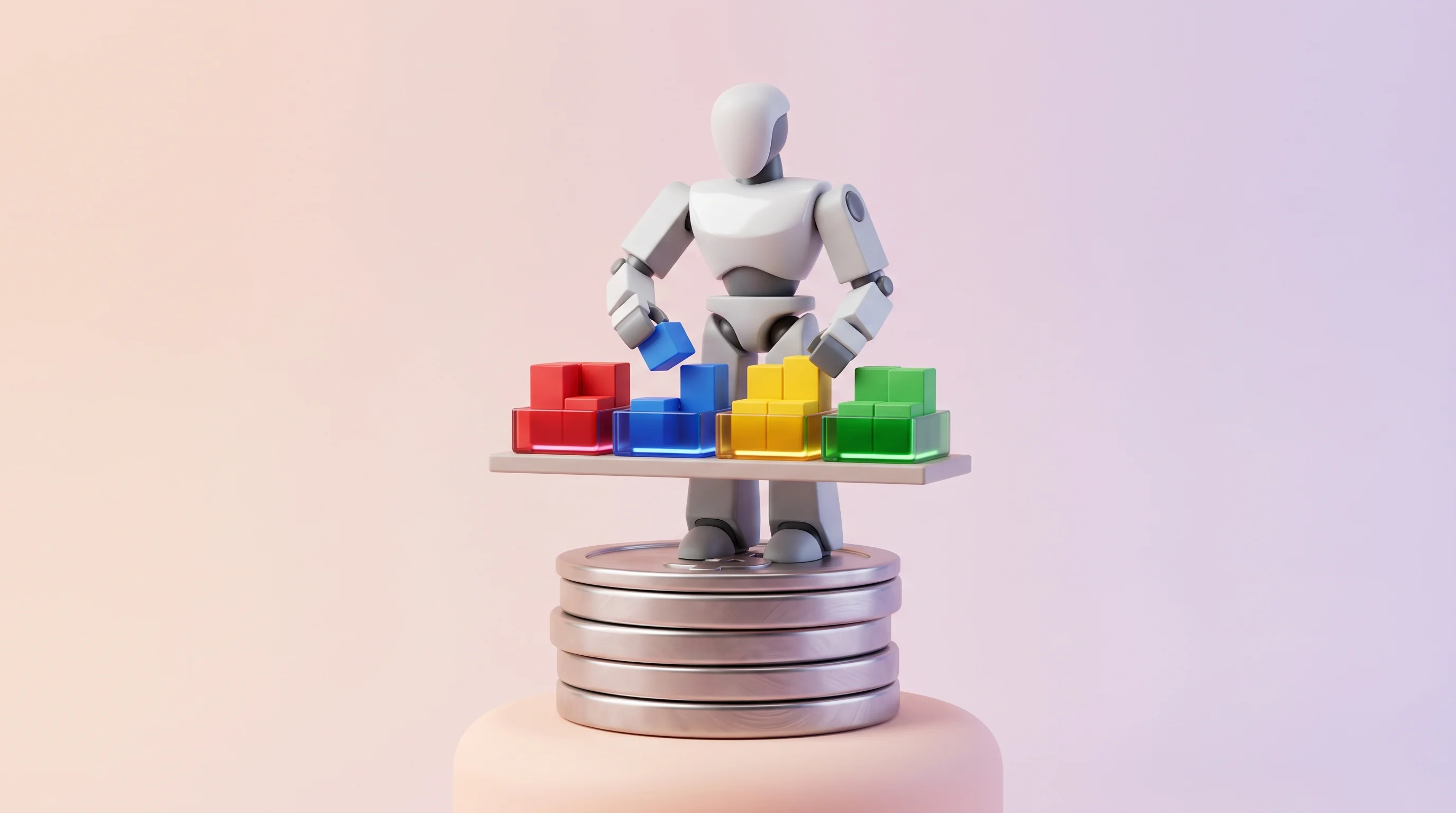Digital illustration for article section "Content Section 2" in "Gaia Dynamics raises $7M to automate trade compliance with AI" - A minimalist, 3D pop art toy-style composition featuring a sleek, faceless, geometric conceptual AI ...