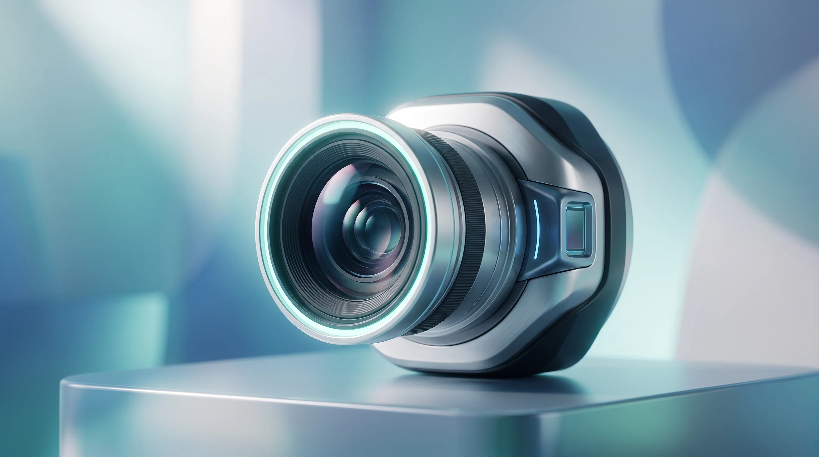 Digital illustration for article section "Vision product line" in "Mindgrove eyes first revenues as chip startup goes commercial" - A sleek, minimalist 3D rendering of a futuristic smart camera lens and industrial vision sensor, ser...