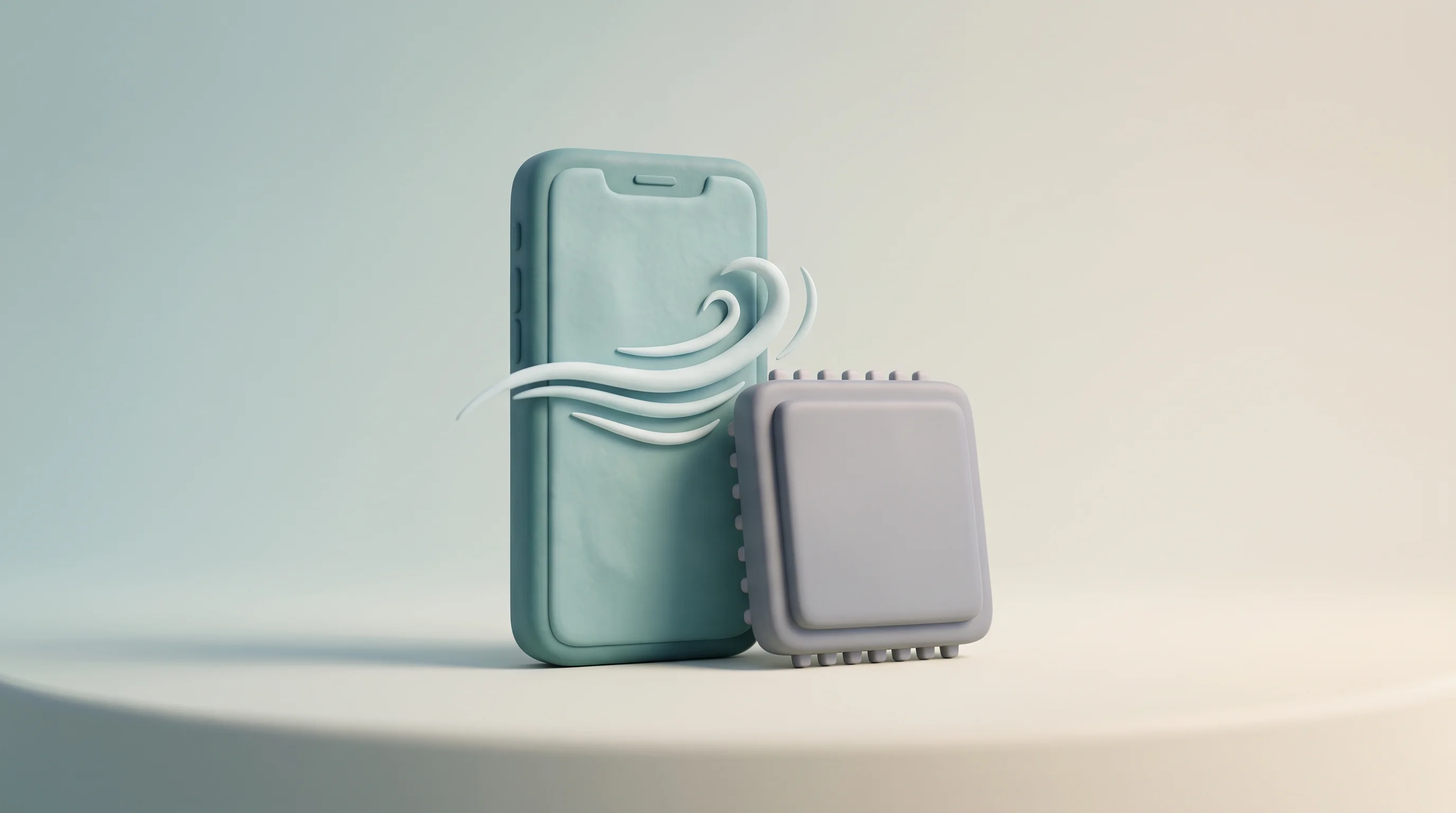 Digital illustration for article section "Hardware Tailwinds and Memory Headwinds" in "Cactus Compute launches 8-29MB AI models matching larger rivals" - A clean, minimalist 3D composition featuring a stylized, miniature model of a modern smartphone stan...