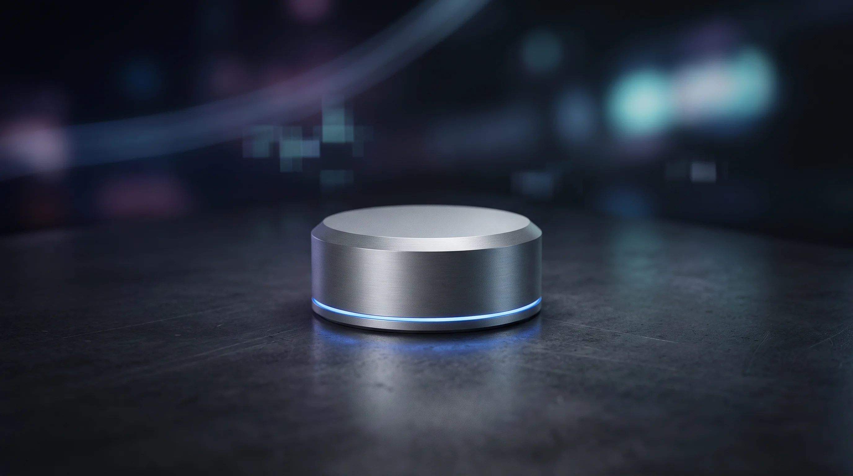 Digital illustration for article section "Content Section 3" in "Control Seat launches AI platform to run factory operations" - A sleek, minimalist aluminum puck-shaped wireless sensor resting on a clean, dark industrial surface...