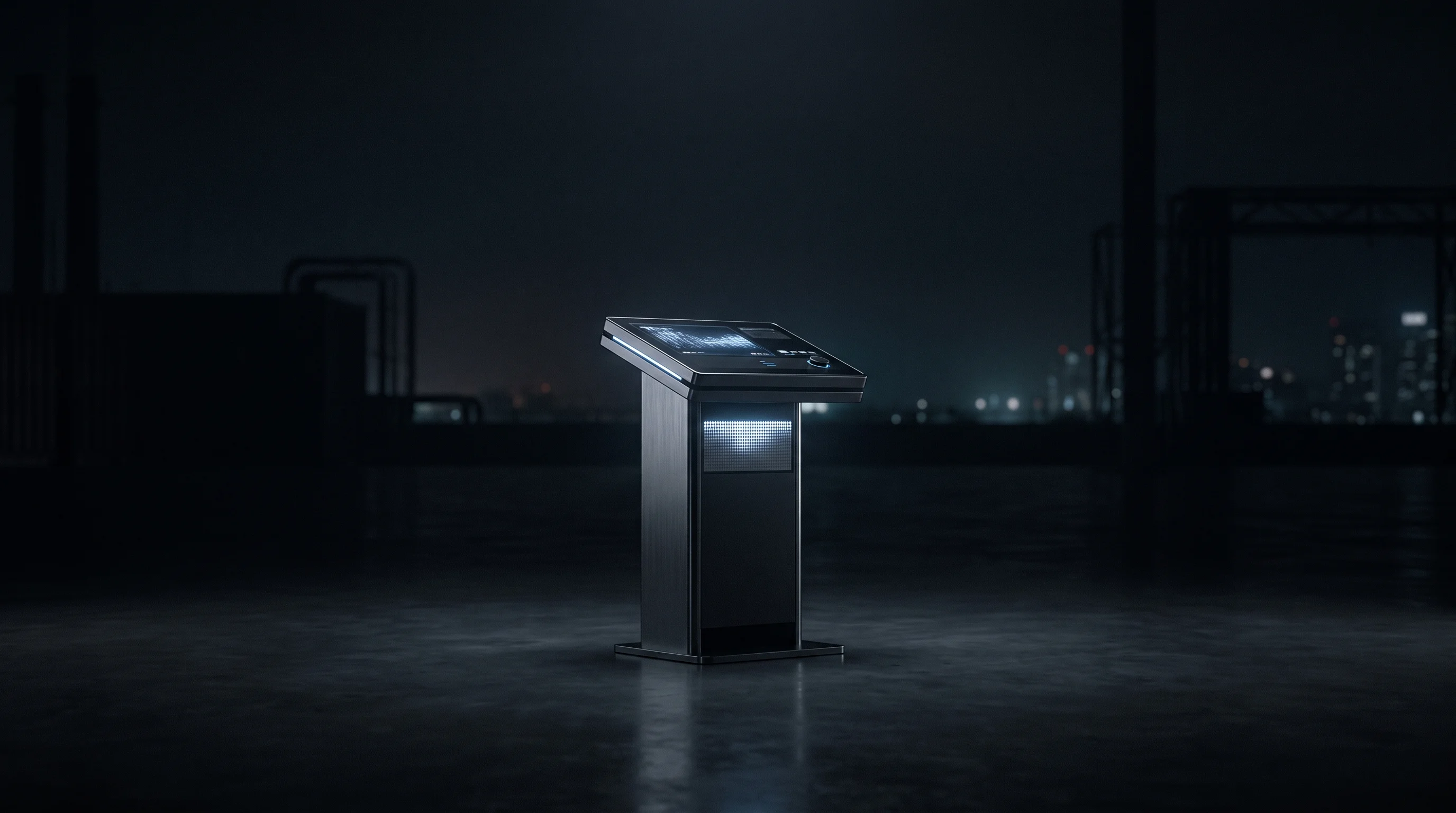 Digital illustration for article section "Content Section 5" in "Control Seat launches AI platform to run factory operations" - A sleek, minimalist industrial command pedestal standing alone in a vast, dark, atmospheric space, c...