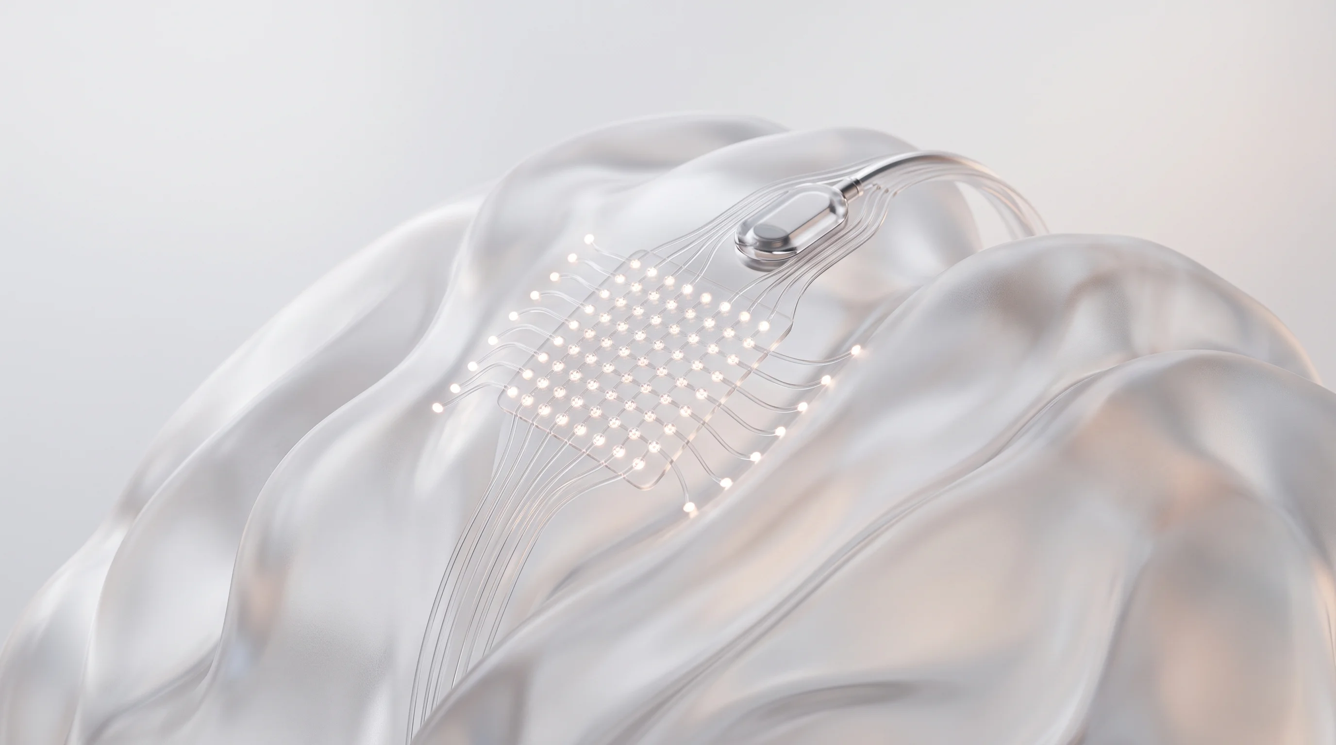 Digital illustration for article section "Content Section 2" in "Phosphoenix raises €1.3M for brain-implant vision tech" - A minimalist, conceptual representation of a 60-electrode neural array gently interfacing with the o...