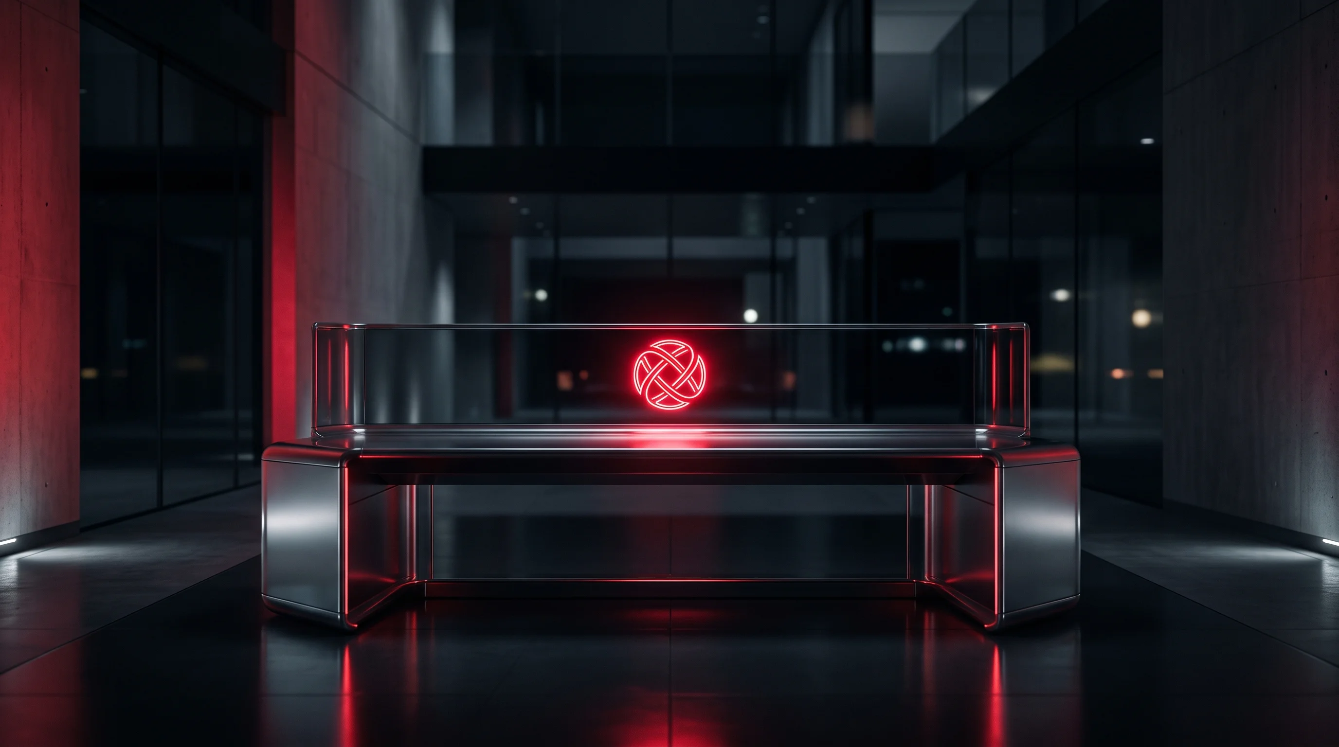 Digital illustration for article section "Content Section 2" in "Arcos raises $6.3M to protect Europe's critical infrastructure" - A sleek, minimalist, ultra-modern security alarm center console situated in a clean, uncluttered arc...