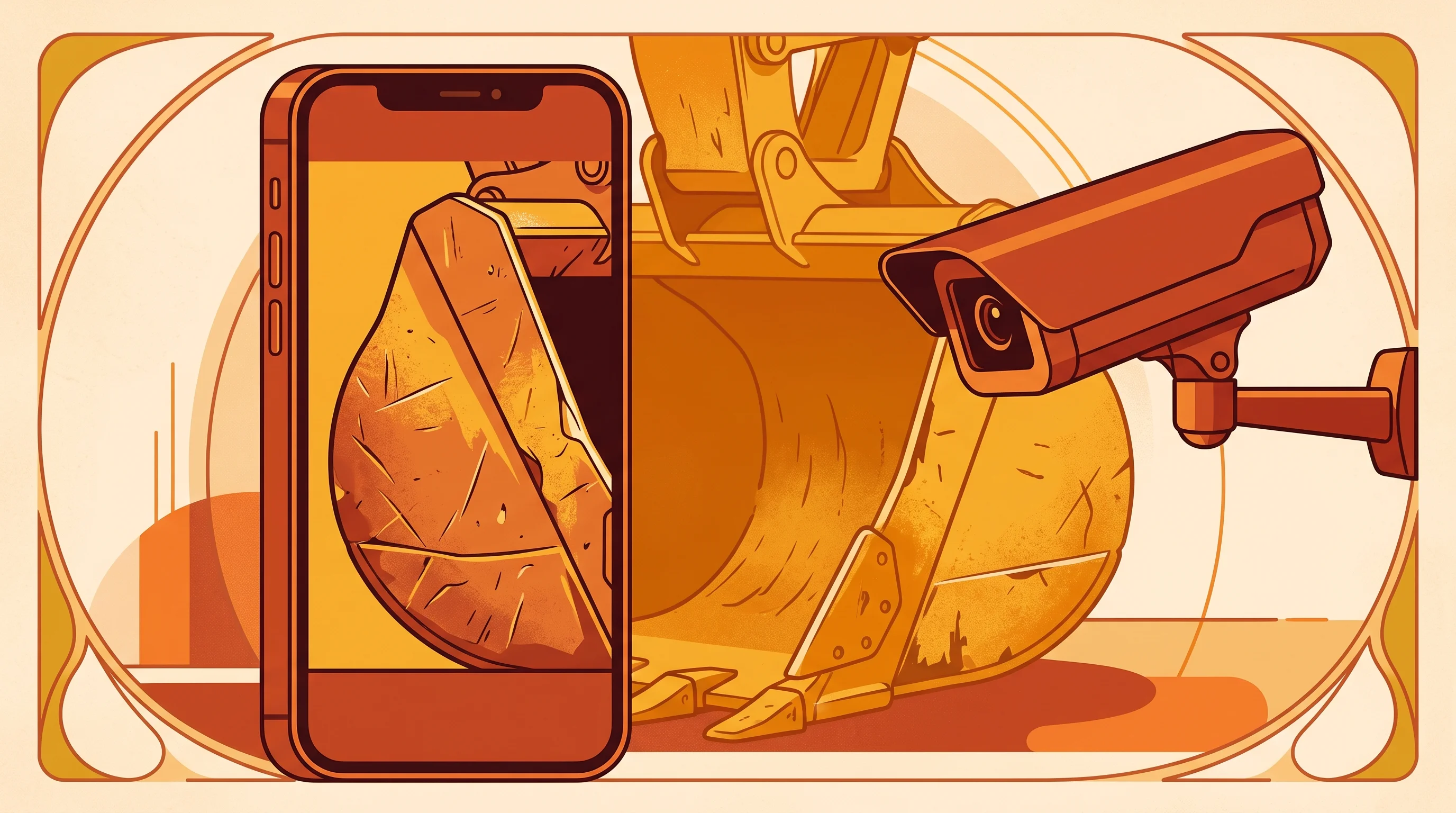 Digital illustration for article section "Content Section 3" in "Dream launches AI cameras to catch asset damage at dealerships" - A clean, minimal composition illustrating mobile and camera-based equipment inspection, featuring a ...