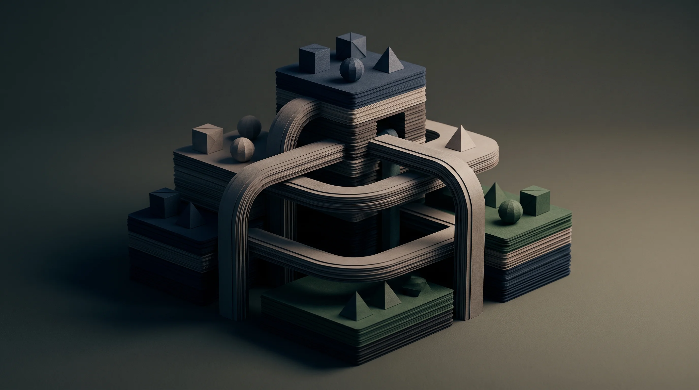 Digital illustration for article section "Design Patterns Emerging" in "Jcode coding agent hits 20k stars, $1M monthly spend" - A conceptual and minimalist 3D papercraft diorama representing emerging design patterns and multi-ag...