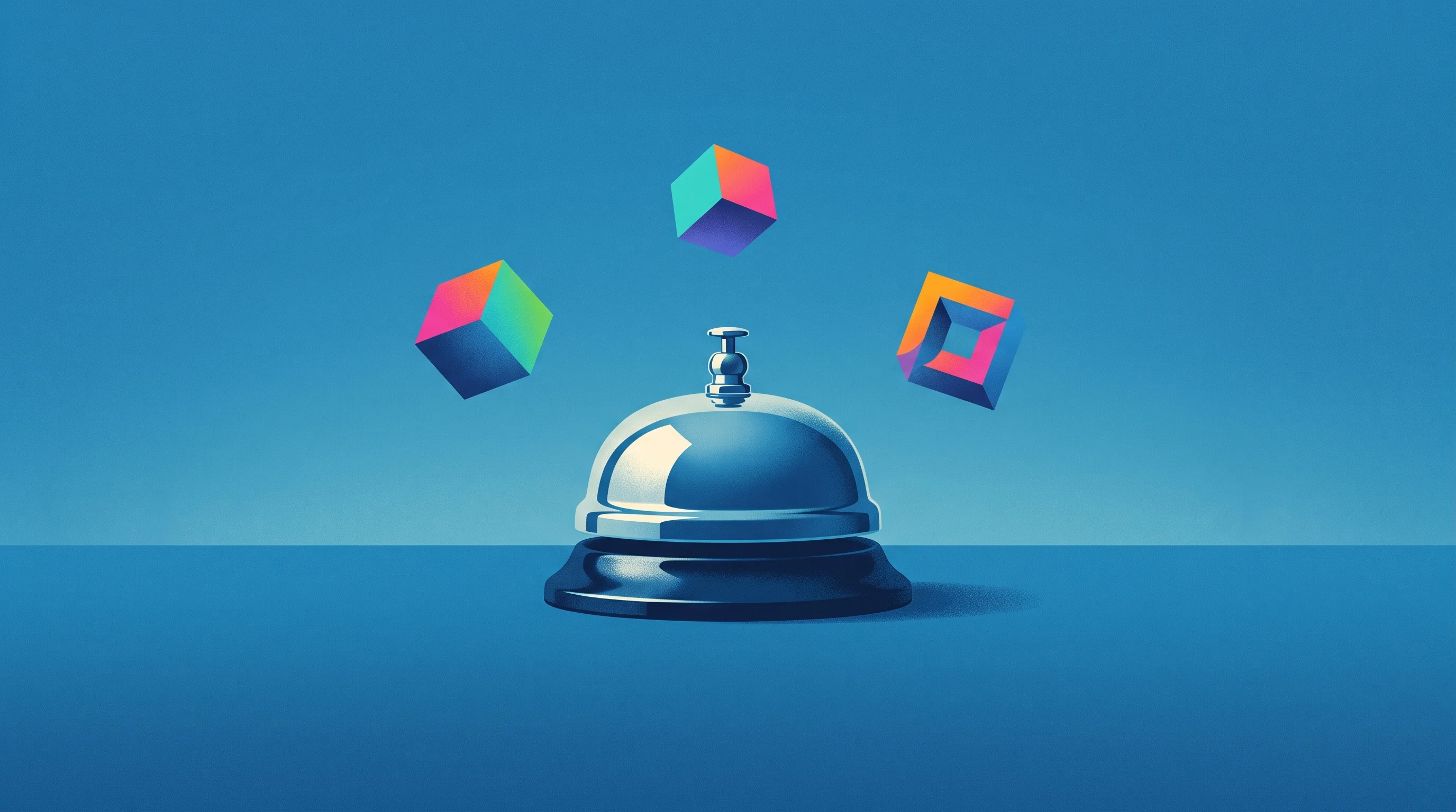 Digital illustration for article section "Content Section 3" in "Axelrod launches autonomous hotel software for Michelin properties" - A clean, minimalist and conceptual illustration featuring a classic, polished hotel front desk servi...