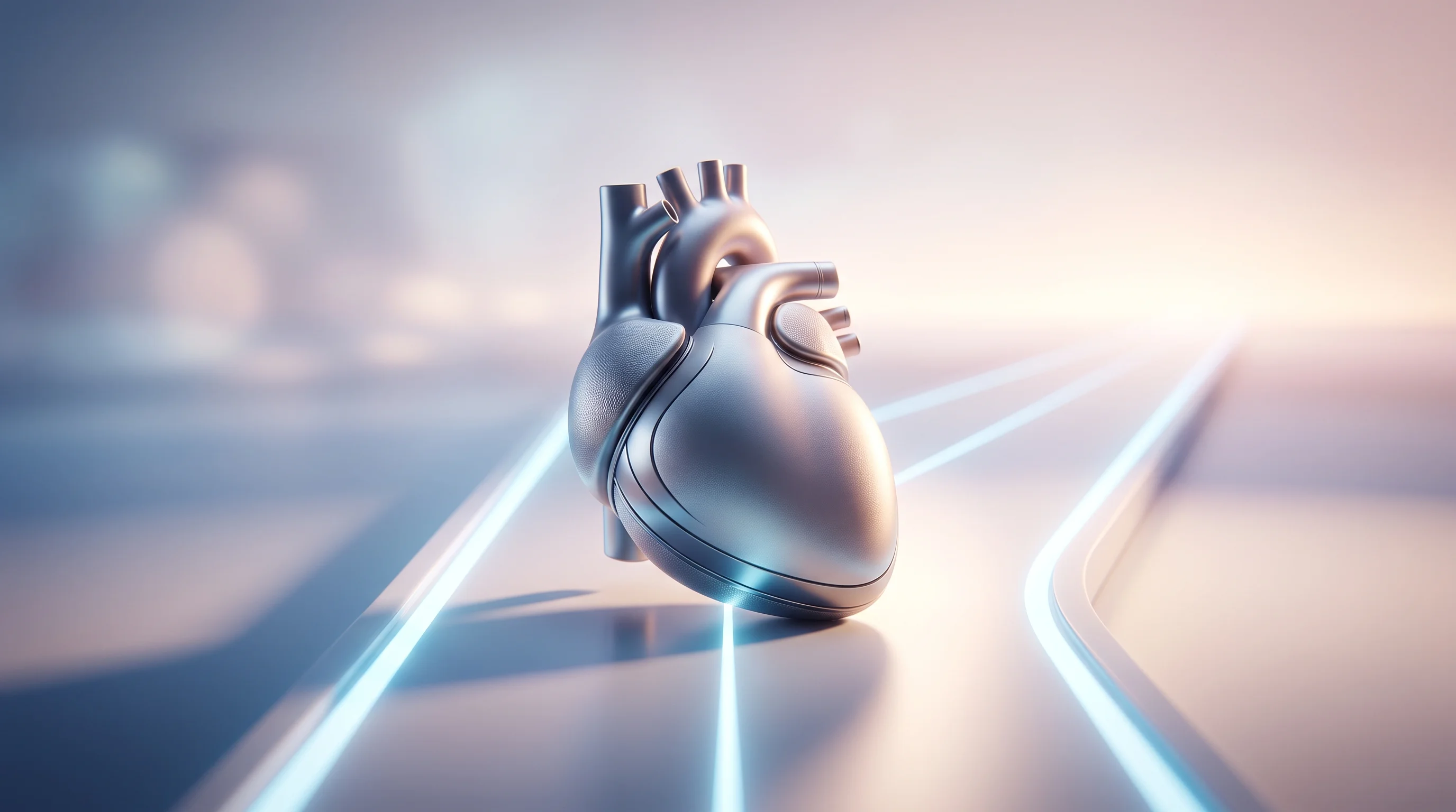 Digital illustration for article section "What Comes Next" in "Octin Health raises $2.5M to make aortic arch surgery safer" - A conceptual and minimalist 3D rendering of a sleek, futuristic cardiovascular medical device, resem...