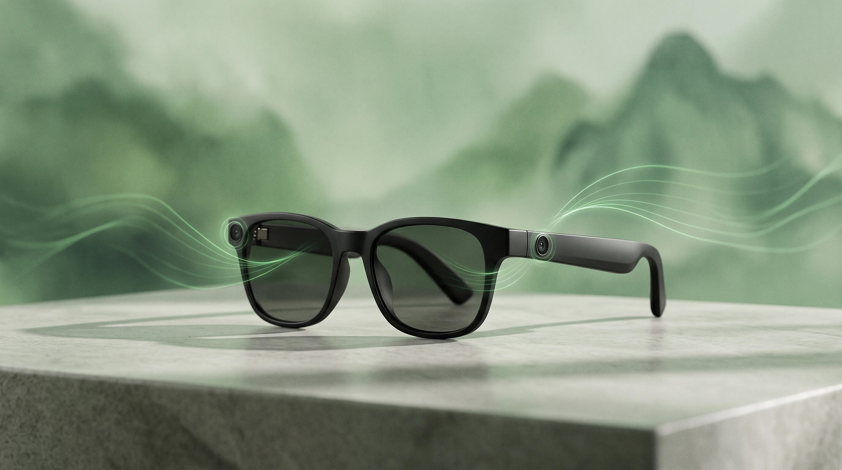 Digital illustration for article section "Content Section 3" in "ZuckOff launches app to detect Meta smart glasses nearby" - A sleek, minimalist pair of modern camera-equipped smart glasses resting on a smooth, uncluttered su...