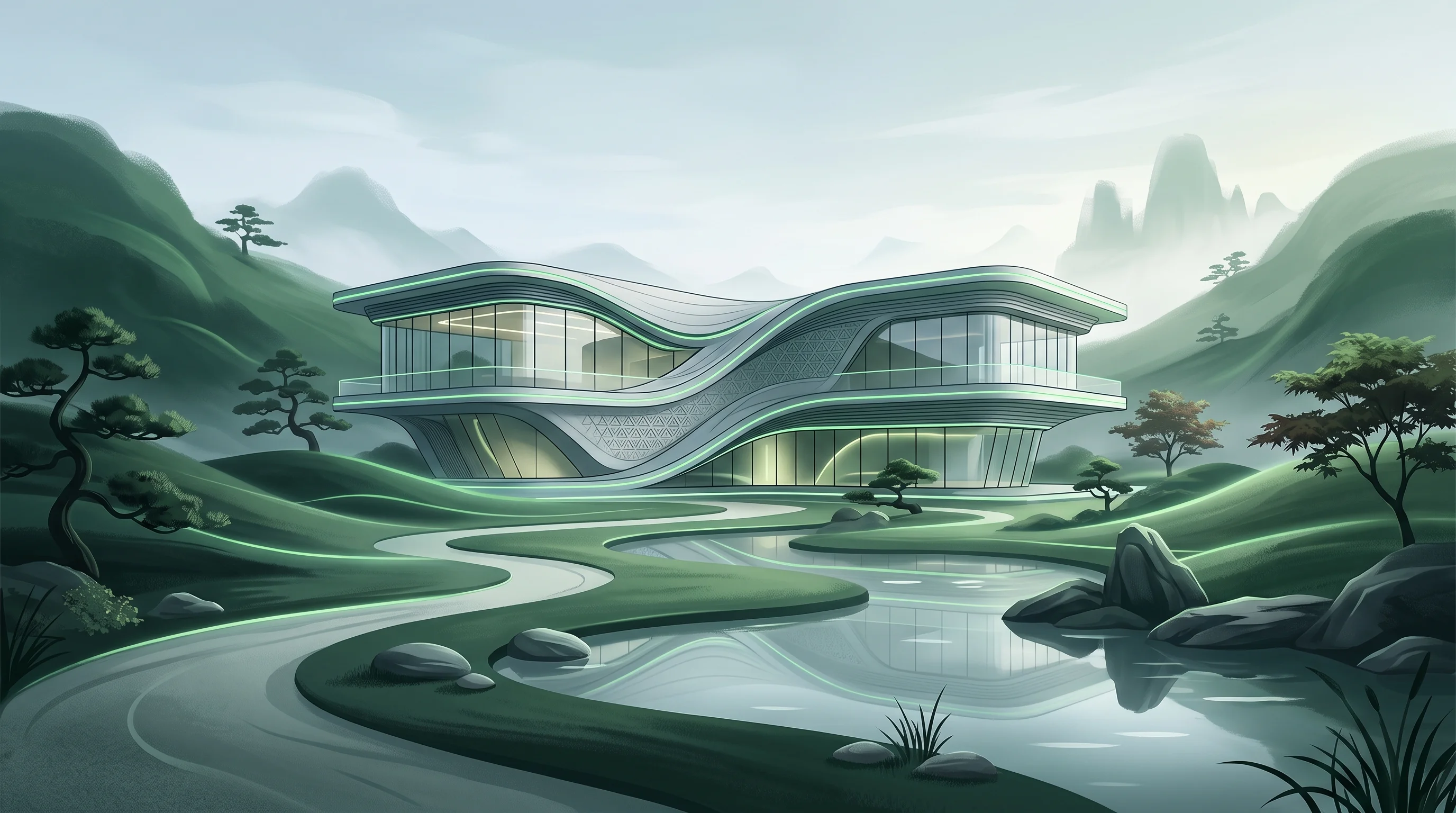 Digital illustration for article section "Content Section 2" in "Droplet Scientific raises $2M to monitor biomarkers in real time" - A clean, minimalist architectural rendering of a sleek, modern science park accelerator building nes...