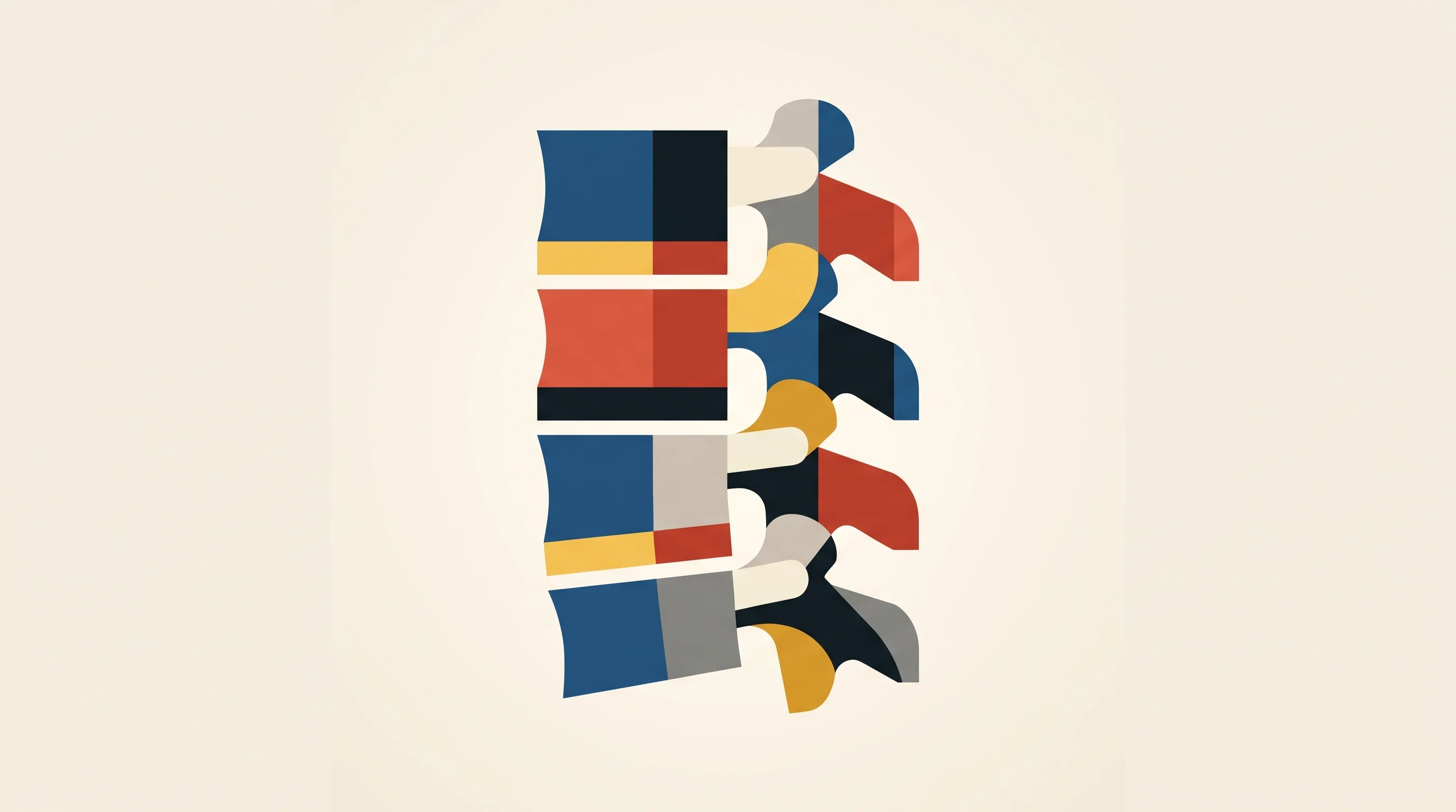 Digital illustration for article section "A Second Program for Spine Surgery" in "NOVADIP Biosciences raises $11.9M for rare bone disease trial" - A clean, minimalist conceptual illustration of two interlocking cervical spinal vertebrae representi...