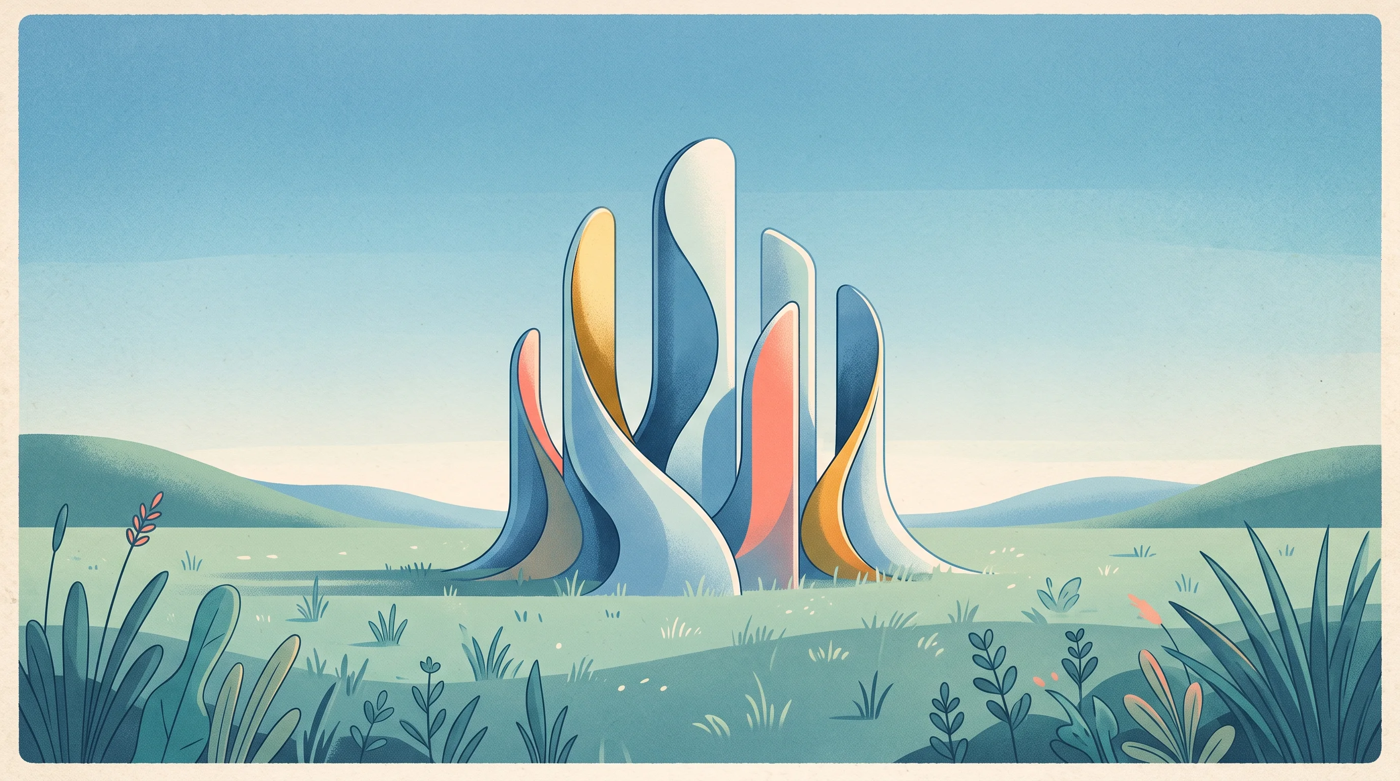 Digital illustration for article section "A Crowded Field" in "Feldera raises $21.5M to build incremental SQL for AI" - A conceptual and minimalist surreal dreamscape representing a "crowded field" of competing data stre...