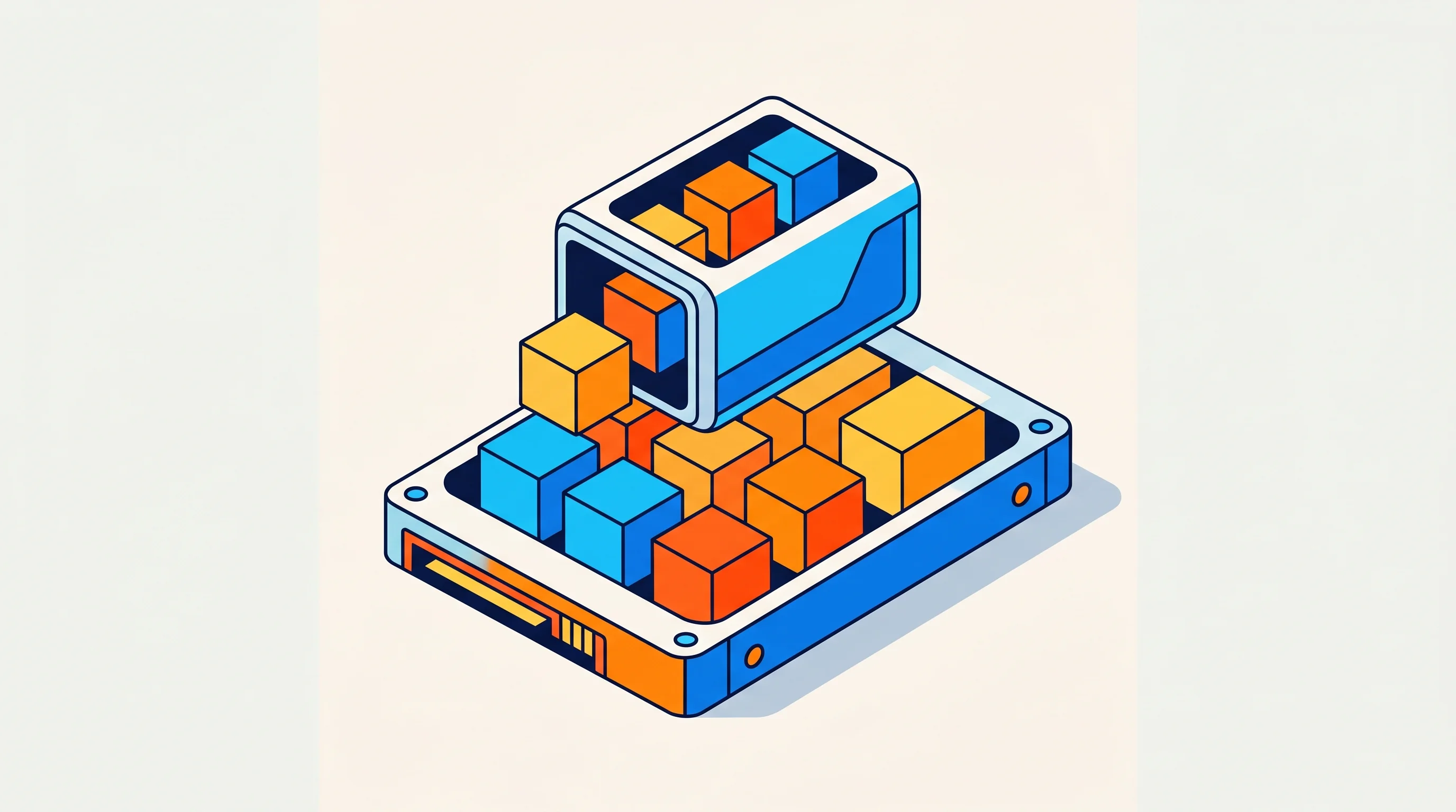 Digital illustration for article section "Memory Offloading Matures" in "Mini-AGI enables AI training on 8GB consumer hardware" - A conceptual illustration representing memory offloading from limited VRAM to expansive NVMe and SSD...