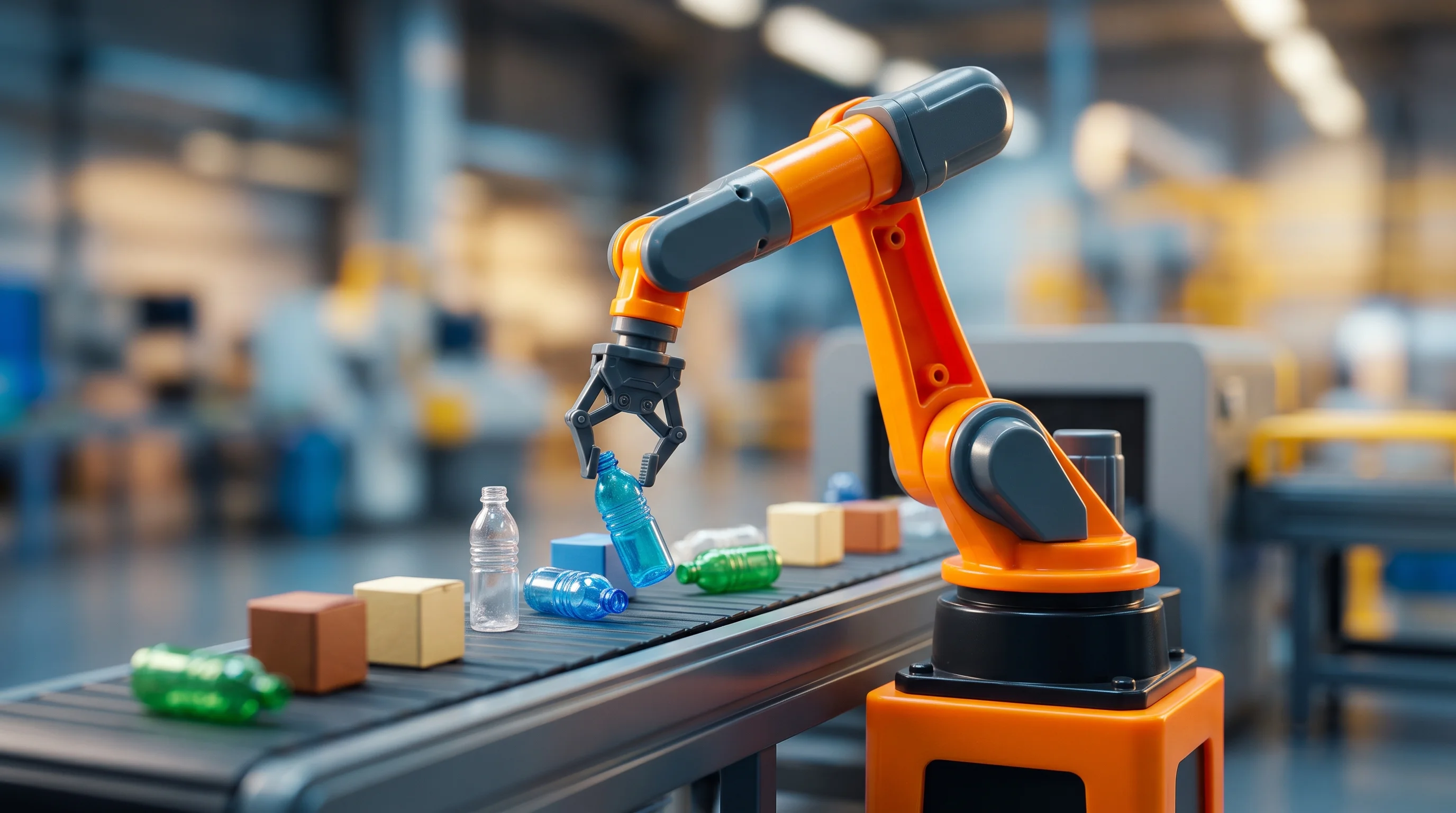 Digital illustration for article section "Harder Problems Than Dry Recyclables" in "Grip Robotics tackles organics waste contamination with AI" - A macro photography shot of a miniature, automated robotic arm sorting simplified dry recyclables li...