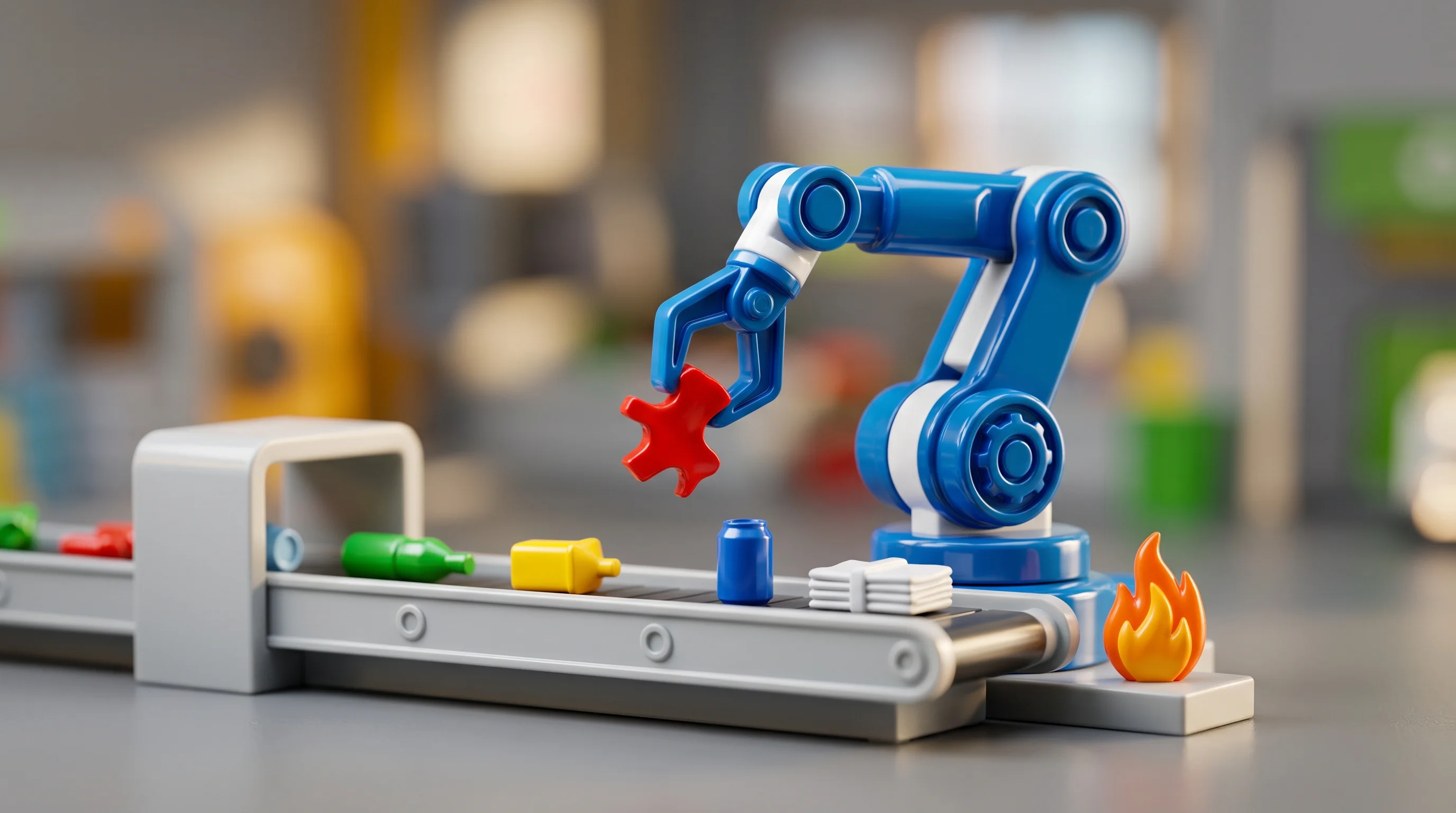 Digital illustration for article section "Fire, Economics, and Field Trials" in "Grip Robotics tackles organics waste contamination with AI" - A macro photography shot of a sleek, miniature robotic sorting arm operating over a clean, simplifie...