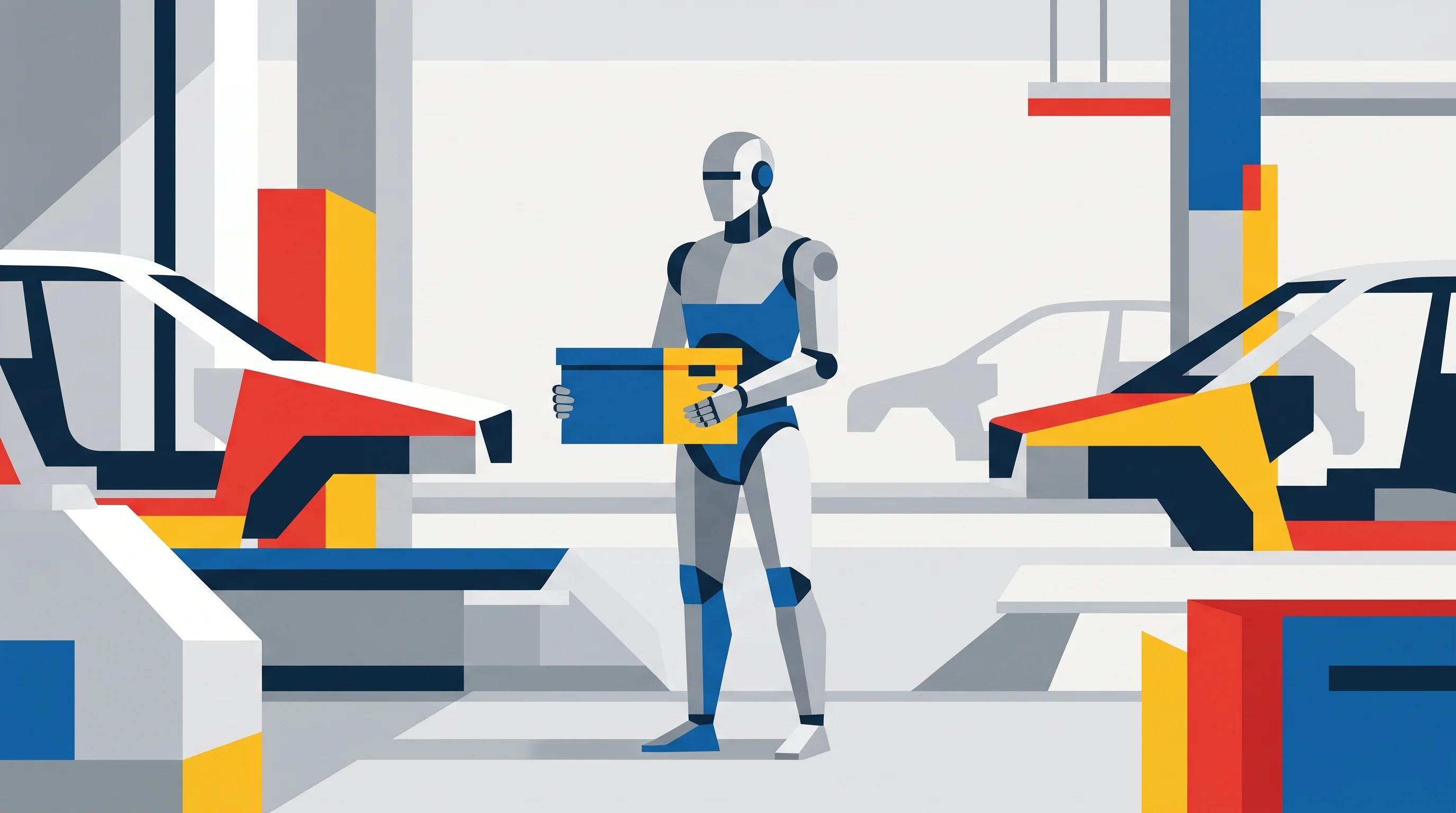 Digital illustration for article section "The Gap Between Demo and Deployment" in "Robocurve launches open-source tools for robot testing" - A sleek, modern humanoid robot standing in a clean, minimalist automotive manufacturing facility, ho...