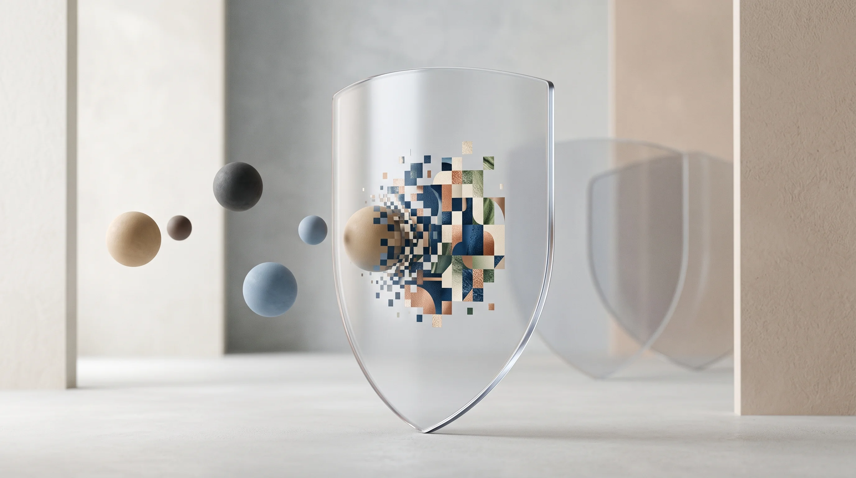 Digital illustration for article section "Crowded Space, Uncertain Timing" in "Traceforce launches on-device security for AI agents" - A sleek, abstract translucent barrier stands as the central focal point in a minimalist, soft-toned ...