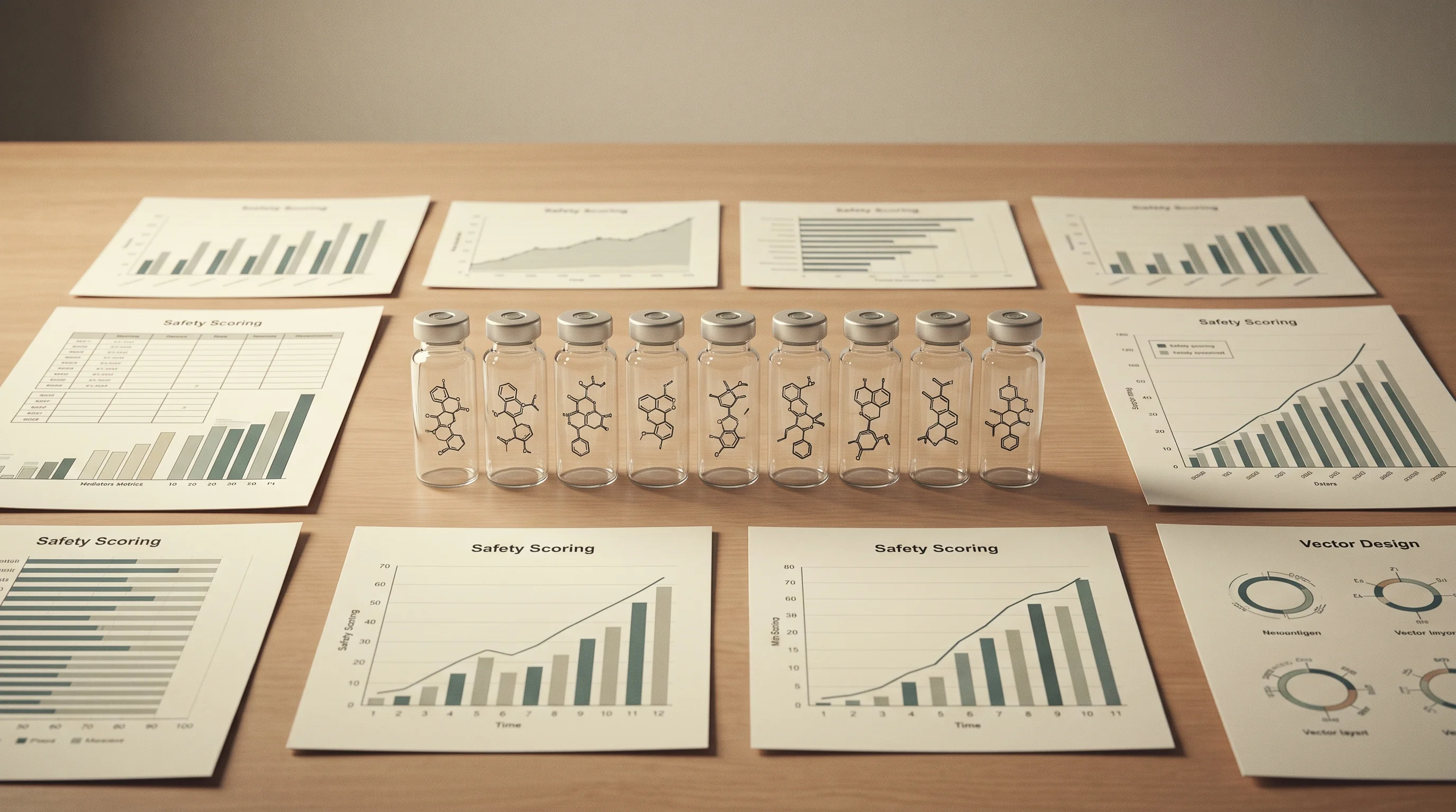 Digital illustration for article section "Neoantigen Discovery: Faster, but Not Foolproof" in "TareBio develops rapid vaccine platform for cancer, infections" - A perfectly symmetrical, highly structured, minimalist workspace conceptually representing the compu...