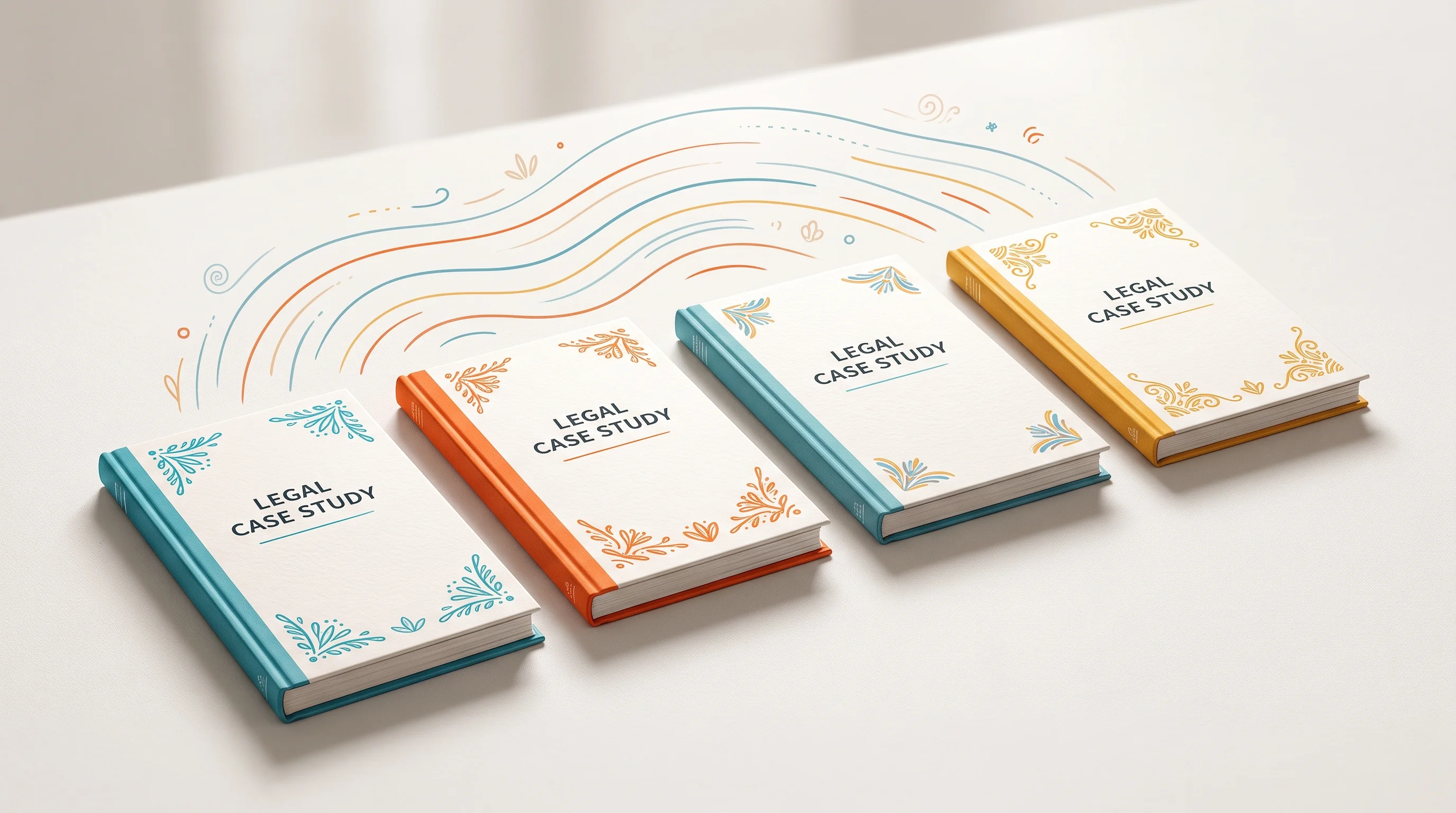 Digital illustration for article section "Content Section 2" in "Async launches AI agents to automate small business ops" - A professional and modern conceptual image featuring four elegantly bound legal case study documents...
