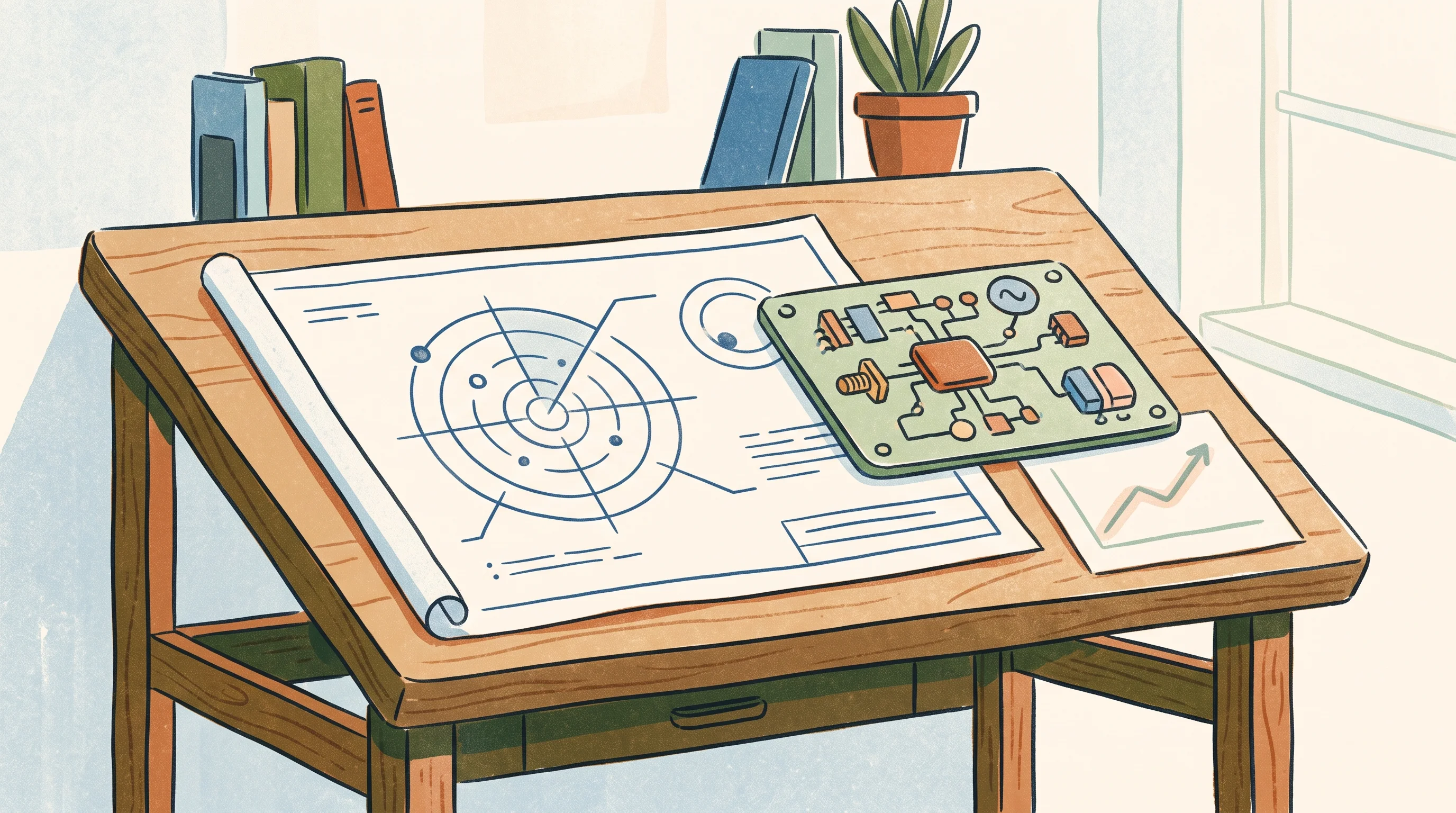 Digital illustration for article section "Who's Behind It" in "Vernius Systems launches radar seeker with $580M defense pipeline" - A clean, minimal conceptual illustration of a stylized workspace representing a fusion of aviation d...