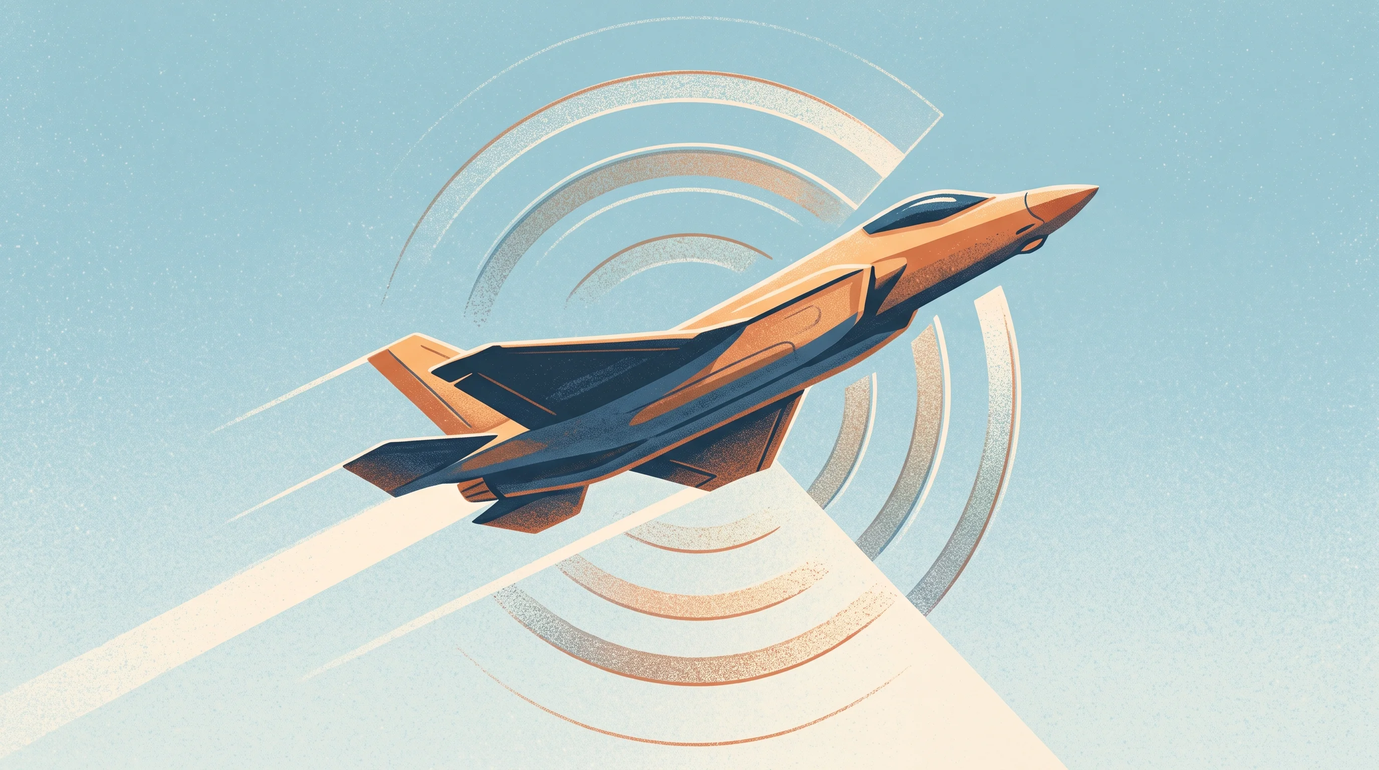 Digital illustration for article section "Faster Threats" in "Vernius Systems launches radar seeker with $580M defense pipeline" - A sleek, modern jet-powered drone soaring swiftly diagonally across a clean, uncluttered sky, inters...