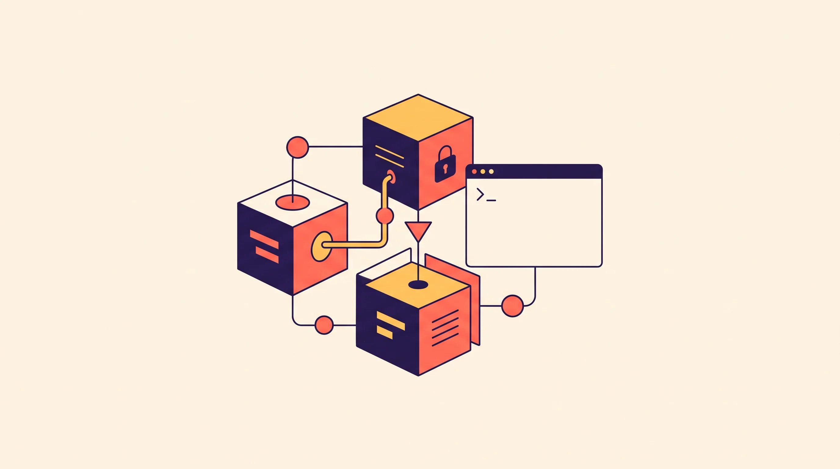 Digital illustration for article section "Content Section 3" in "Dock launches workspace where AI agents manage departments" - A minimalist, expressive flat design illustration representing modern developer tools, featuring a c...