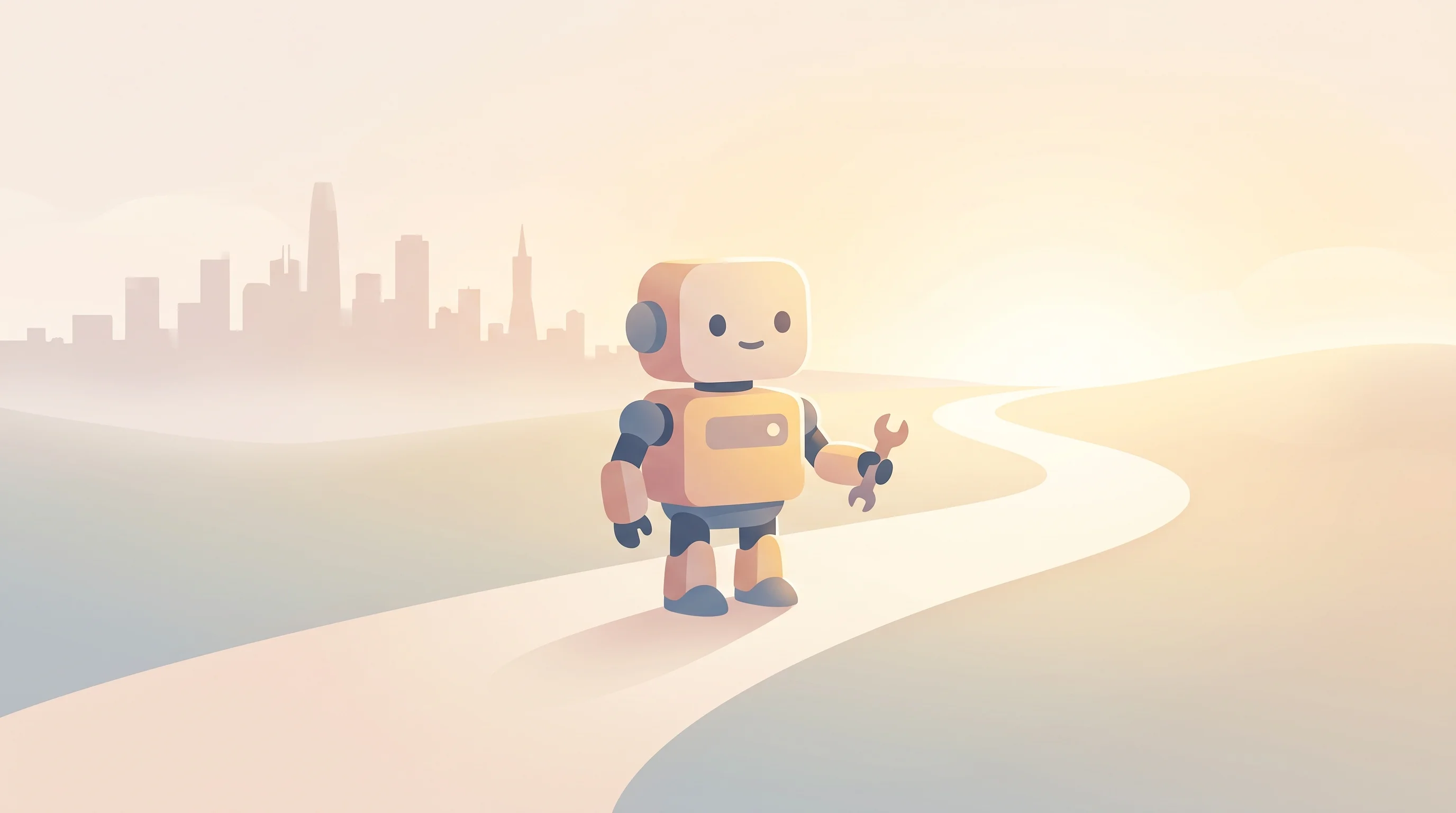 Digital illustration for article section "What's next" in "Shiraz AI launches robots that learn from one demonstration" - A clean, minimalist conceptual illustration of a small, friendly, simplified robot standing on a smo...