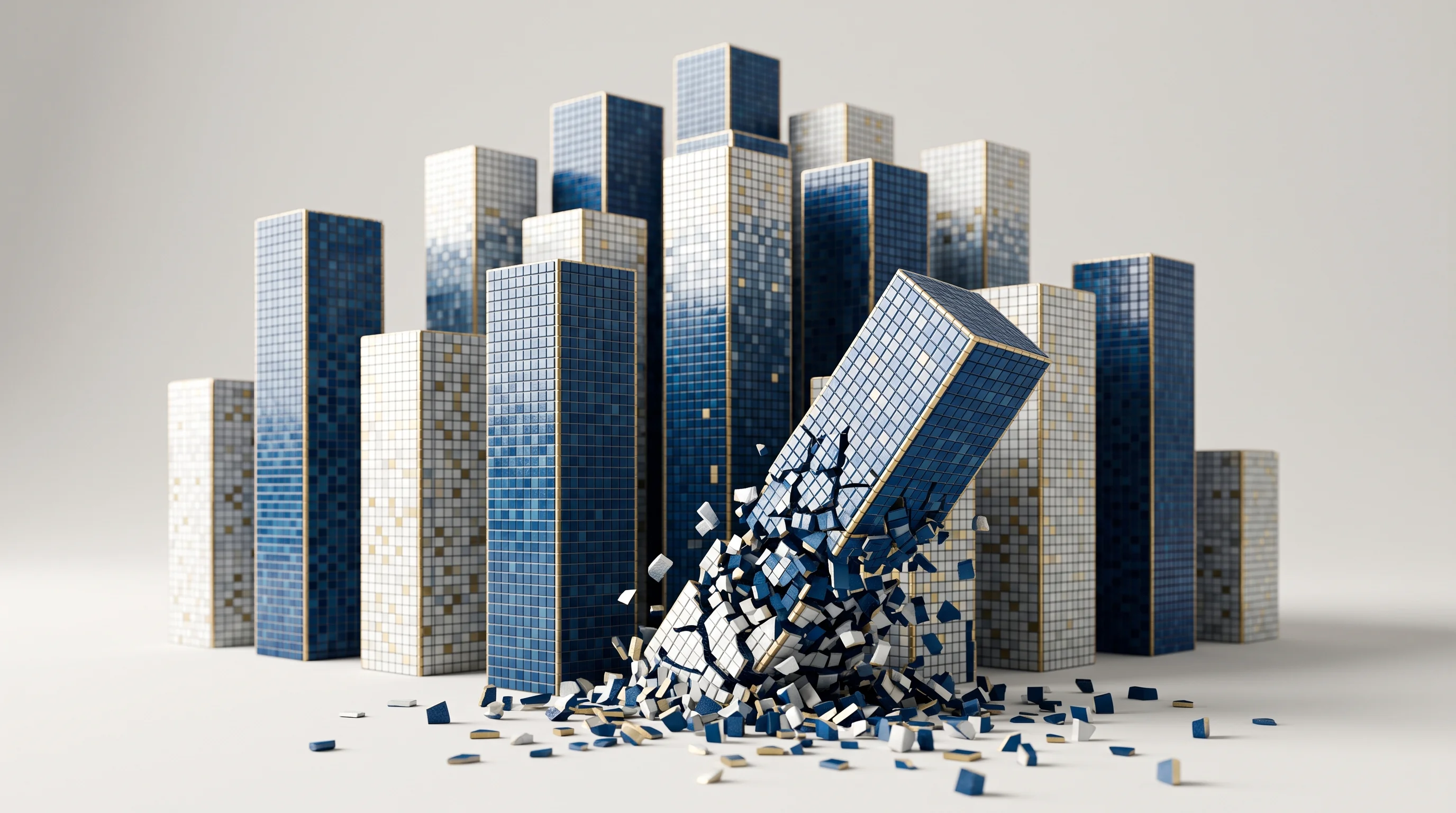 Digital illustration for article section "A Crowded Field of Startups and One Notable Collapse" in "Last Accounting launches AI-native firm with agent bookkeepers" - A minimalist and conceptual 3D hyper-realistic rendering of a crowded cluster of sleek, modern geome...