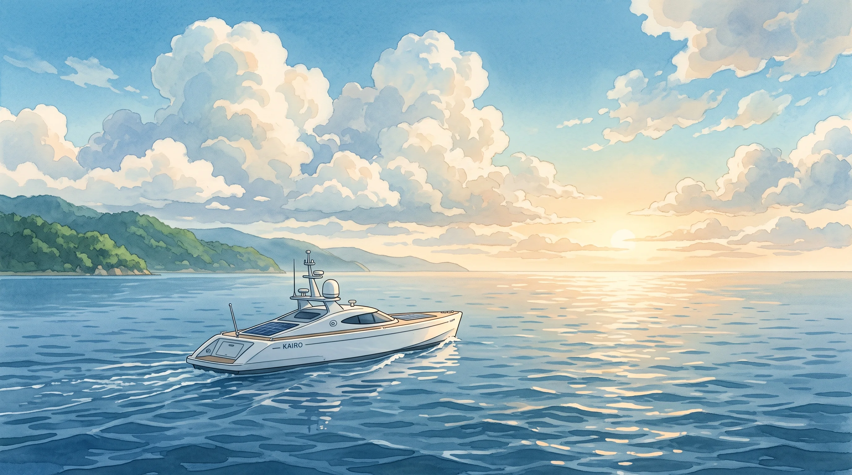 Digital illustration for article section "Eye on Overseas Markets" in "Eight Knot raises $3M to automate small vessel navigation" - A sleek, modern, uncrewed autonomous boat gliding smoothly across a vast, tranquil ocean towards a d...