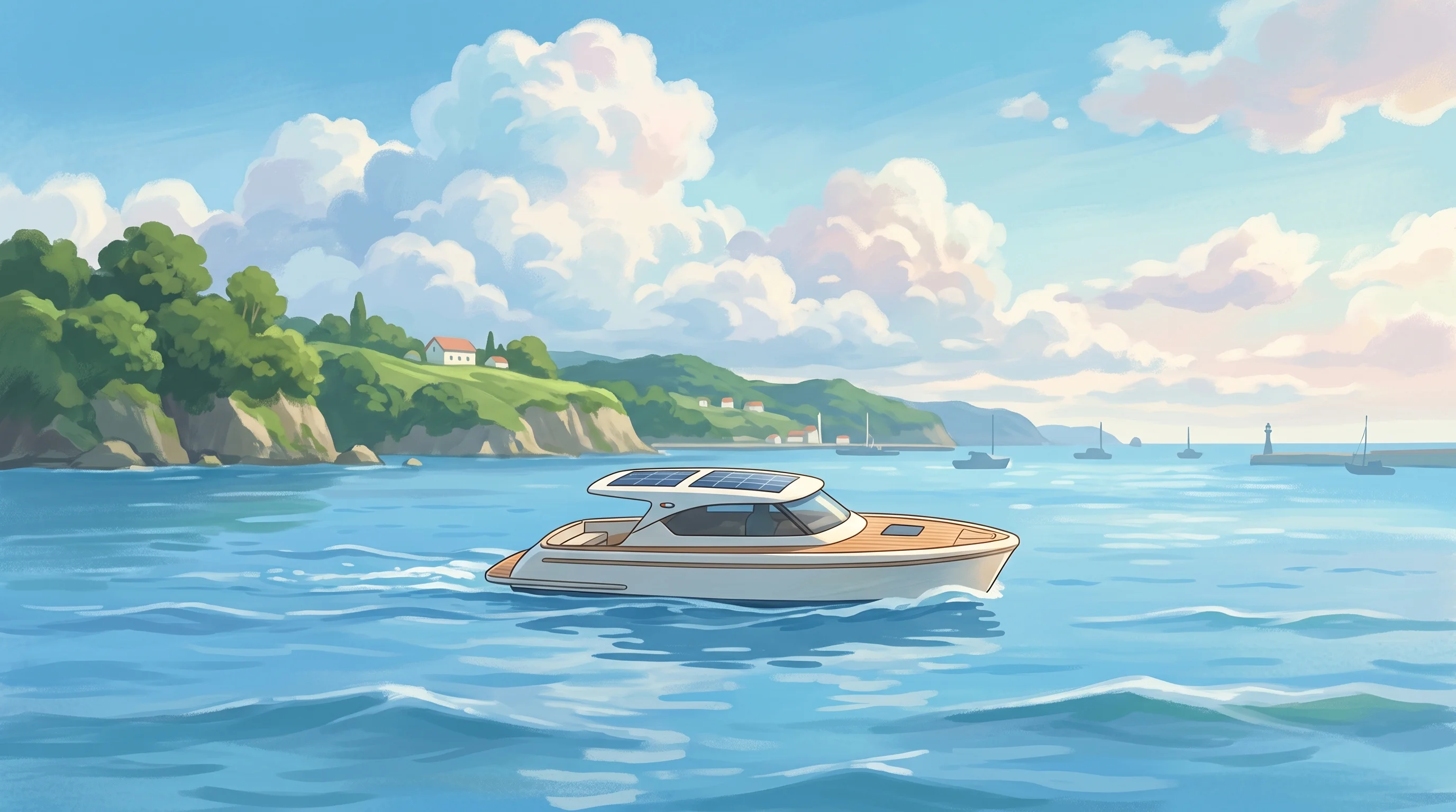 Digital illustration for article section "A Crowded Seascape" in "Eight Knot raises $3M to automate small vessel navigation" - A sleek, modern small recreational vessel smoothly navigating through a beautifully tranquil coastal...