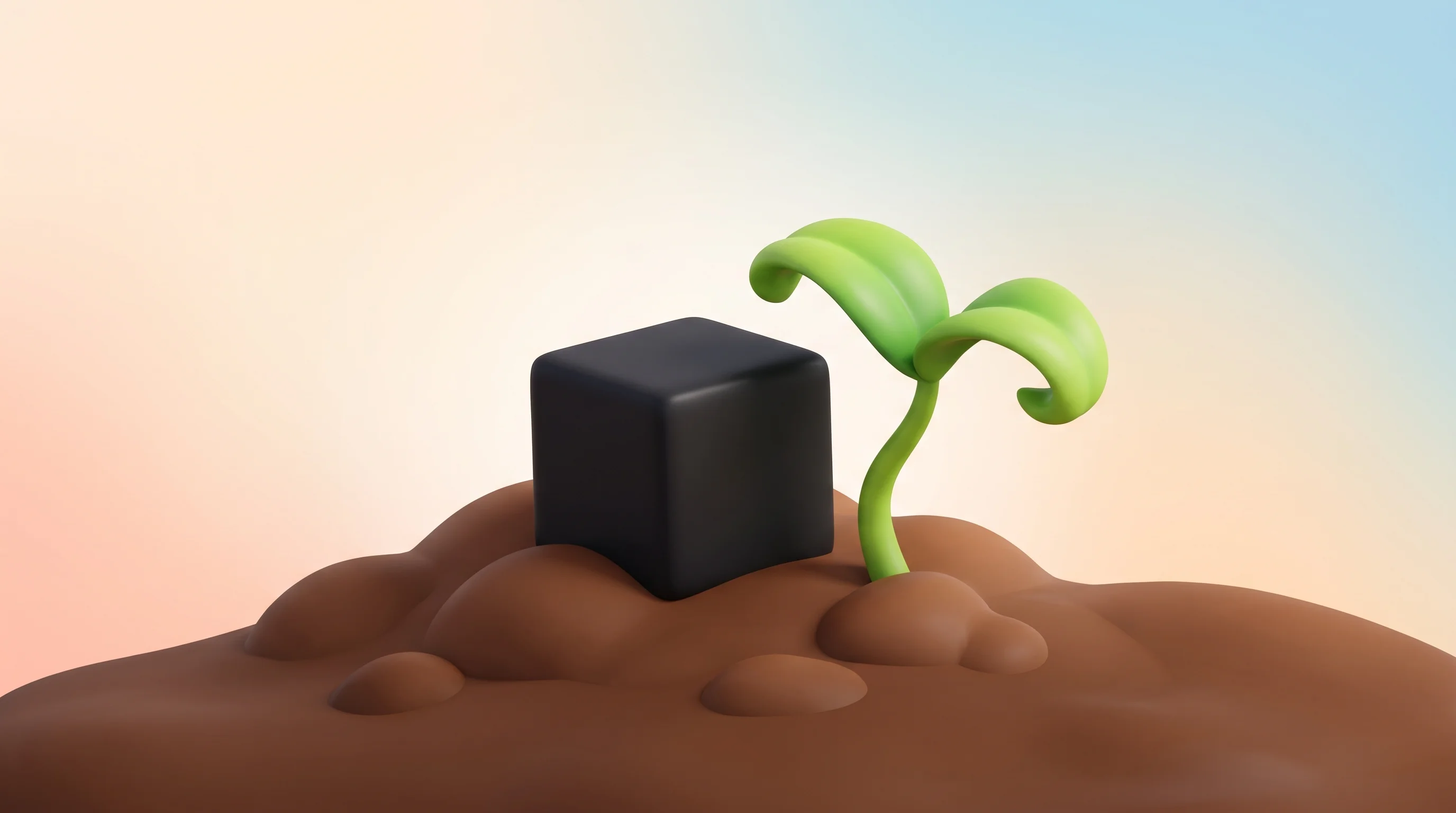 Digital illustration for article section "Content Section 3" in "Lilac Agriculture raises $2.3M for next-gen inoculants" - A conceptual, minimalist illustration of a small, mysterious matte black box resting in rich, styliz...