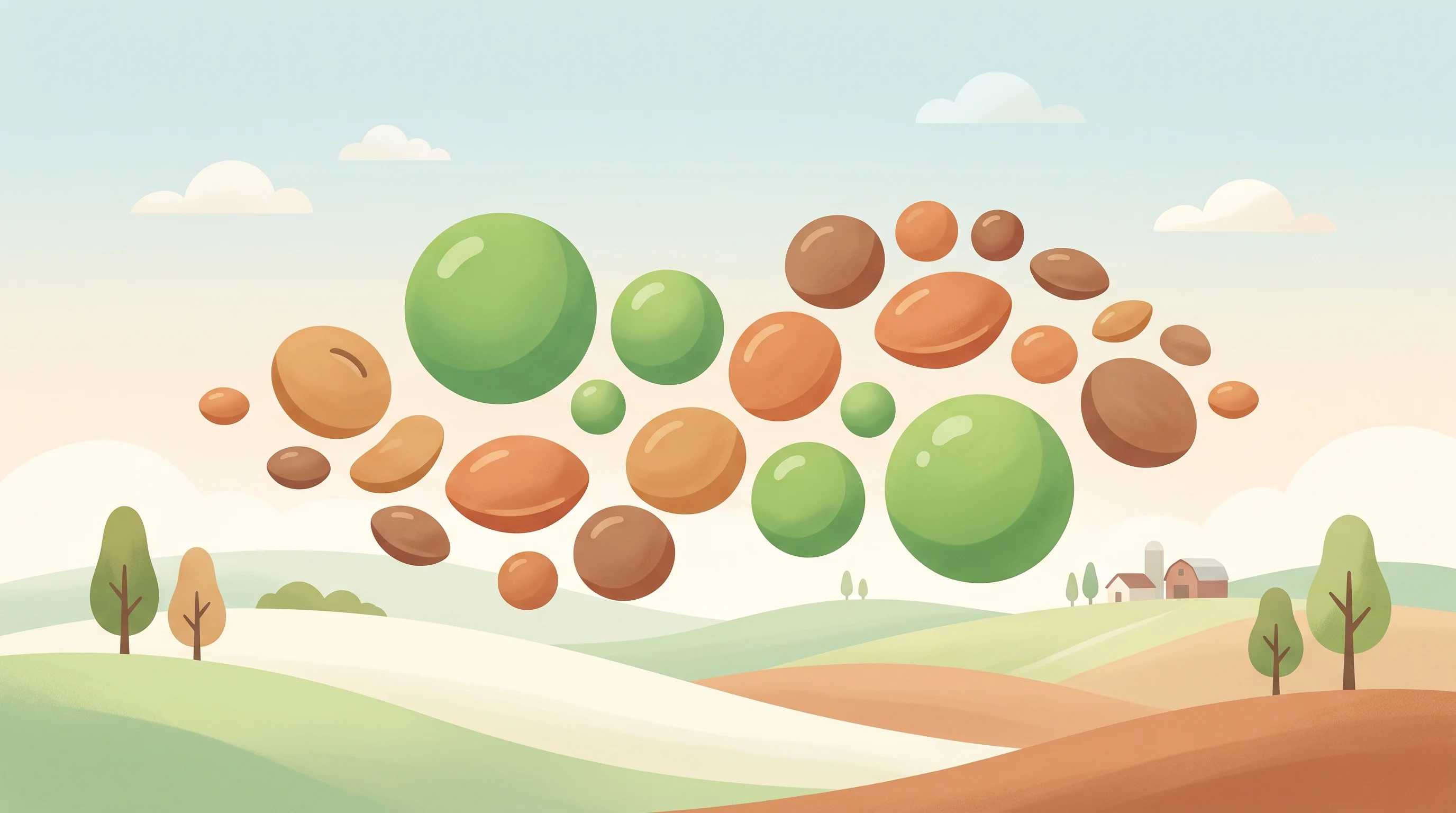 Digital illustration for article section "Content Section 4" in "Lilac Agriculture raises $2.3M for next-gen inoculants" - A minimalist and conceptual illustration of beautifully simplified dry peas and lentils representing...