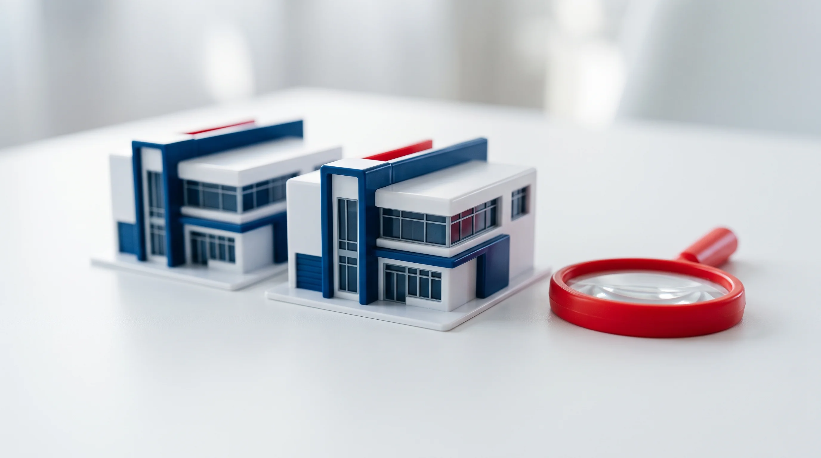 Digital illustration for article section "A Model Tested Elsewhere" in "Benford raises $5.7M to build tech-native audit firm" - A macro photography shot of two identical, sleek modern miniature architectural structures represent...
