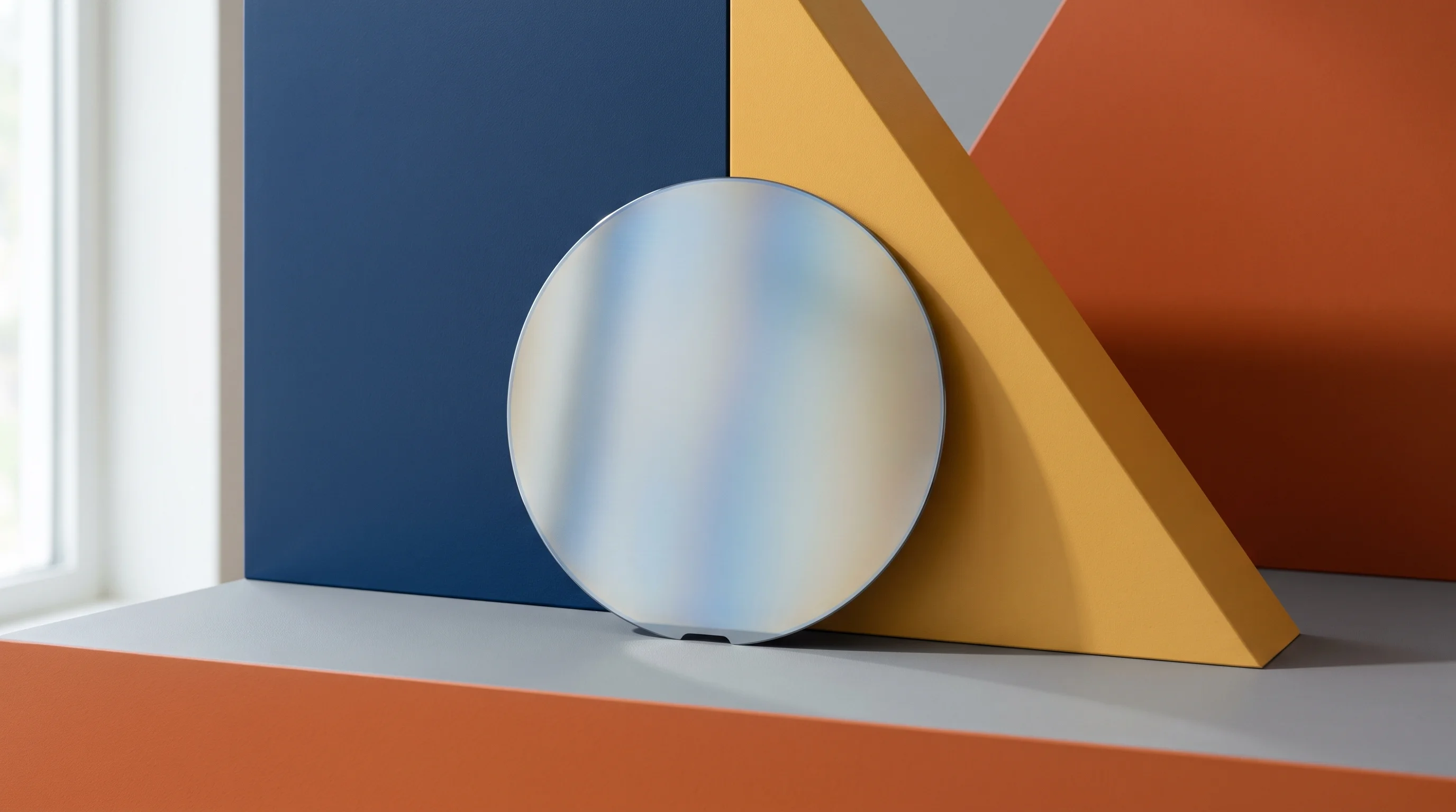Digital illustration for article section "Industry Momentum, Maybe" in "Nexstrom raises $12M to scale 2D semiconductor materials" - A pristine, perfectly circular 300mm semiconductor wafer serves as the strong, singular focal point,...