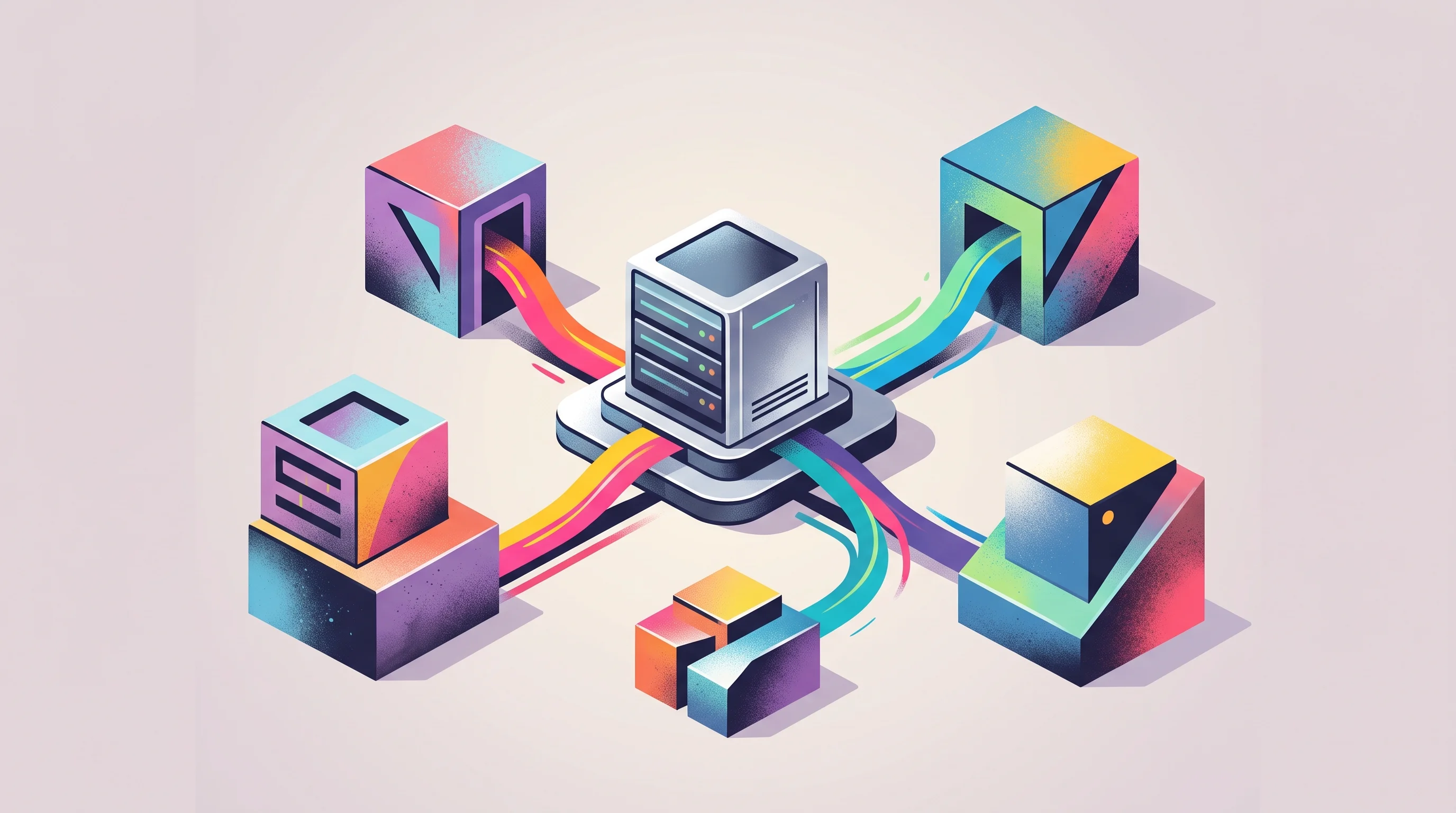 Digital illustration for article section "Developer-First Infrastructure" in "Context.dev launches web data API for 600+ AI developers" - A conceptual and minimalist representation of developer-first infrastructure featuring a central, sl...