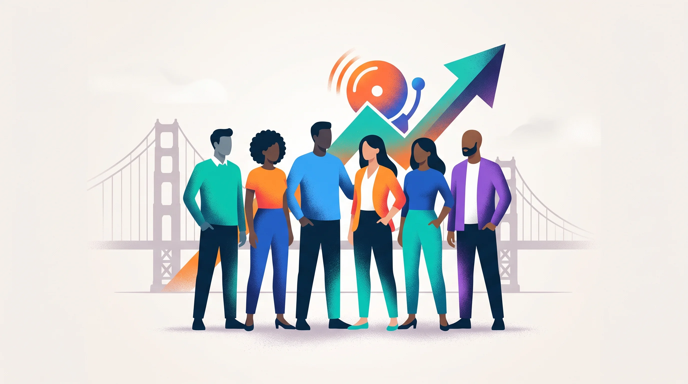 Digital illustration for article section "Founder and Funding" in "Context.dev launches web data API for 600+ AI developers" - A minimalist and conceptual illustration representing a San Francisco-based startup team and their f...
