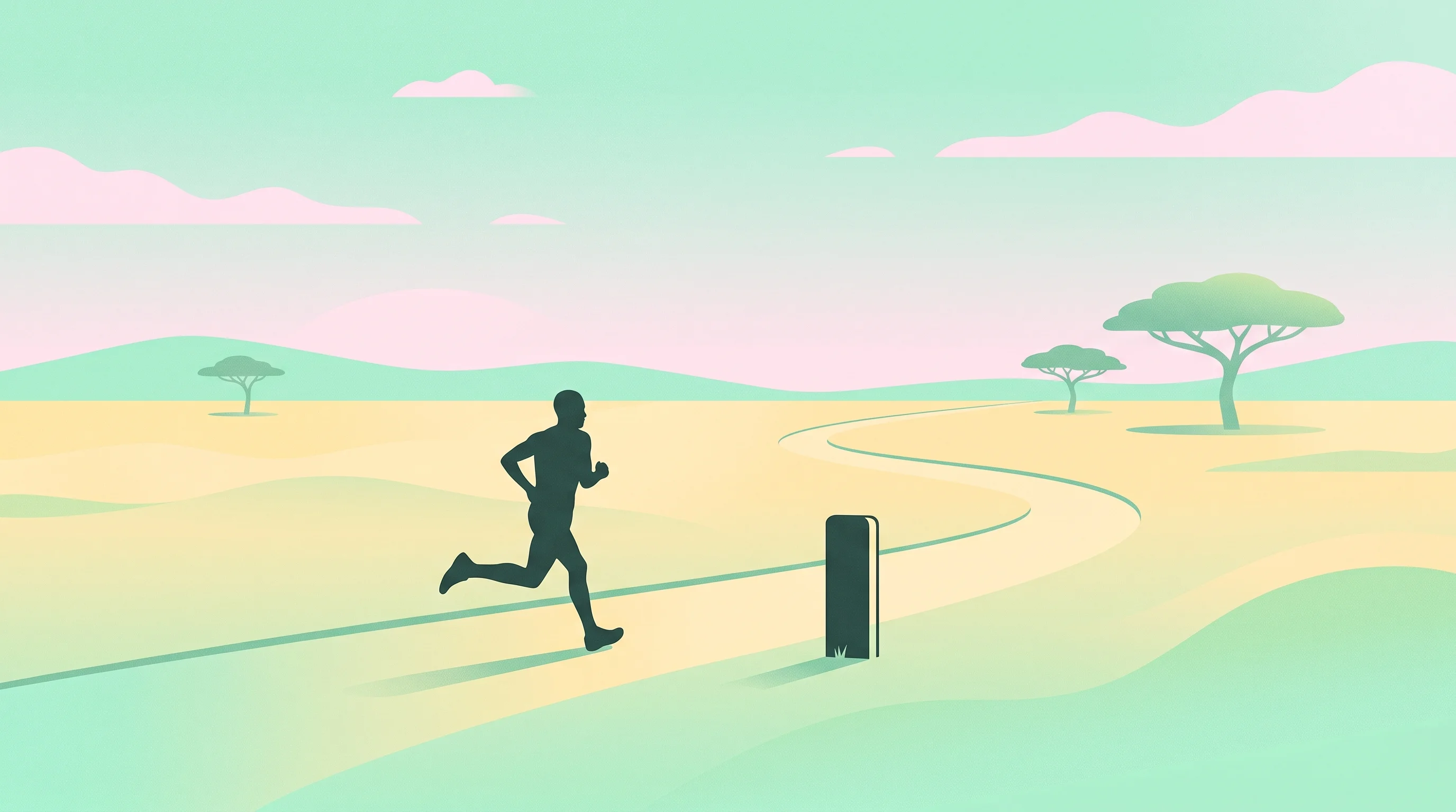 Digital illustration for article section "Content Section 2" in "Givestar raises $12M to modernize charity fundraising" - A clean, minimal composition of a solitary, generic runner's silhouette traversing a sweeping Africa...