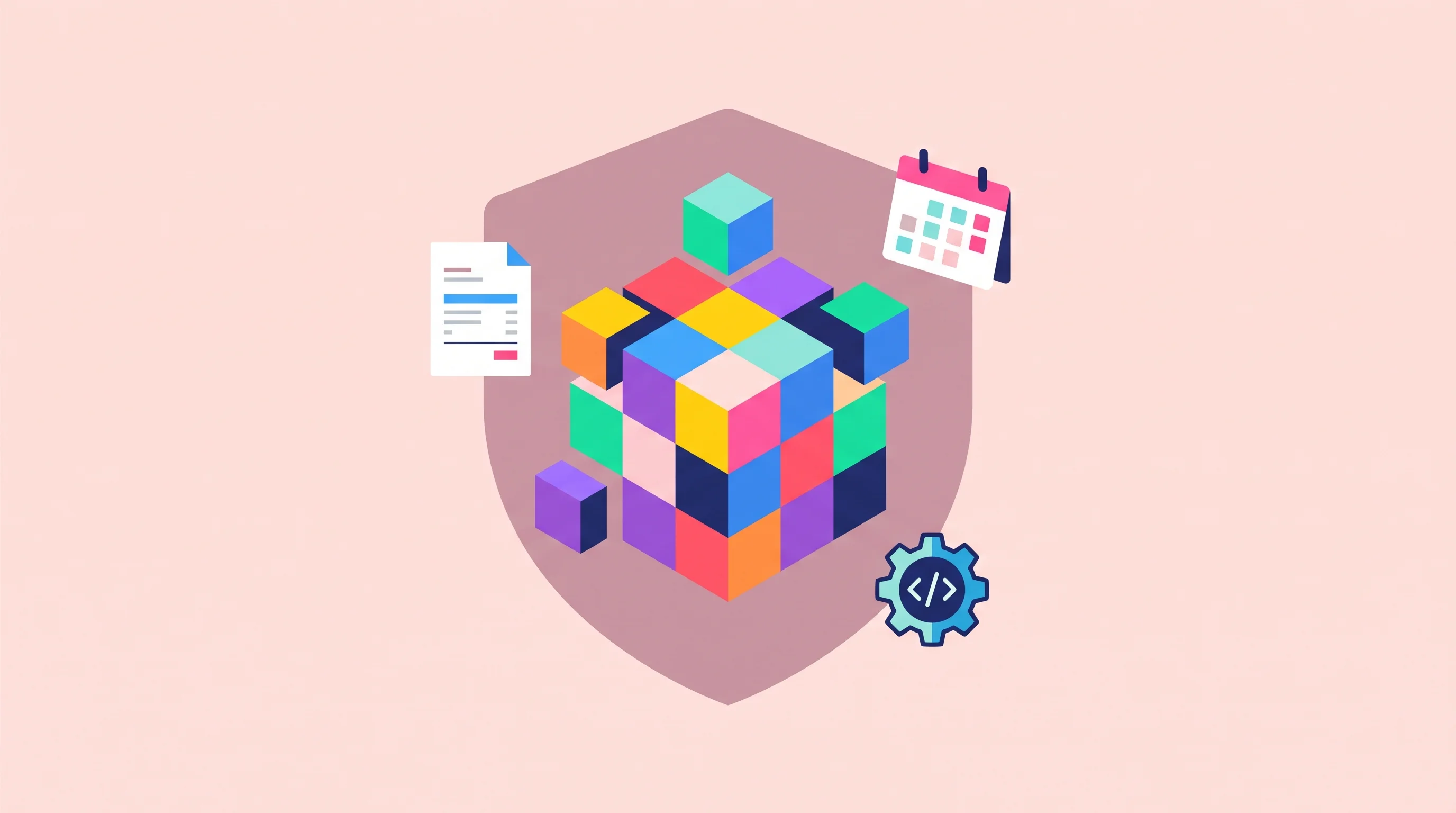 Digital illustration for article section "A Market Still Finding Its Shape" in "Outerlimit raises $16M to secure AI agents for enterprises" - A central, abstract geometric structure in the process of assembling itself from various floating bl...