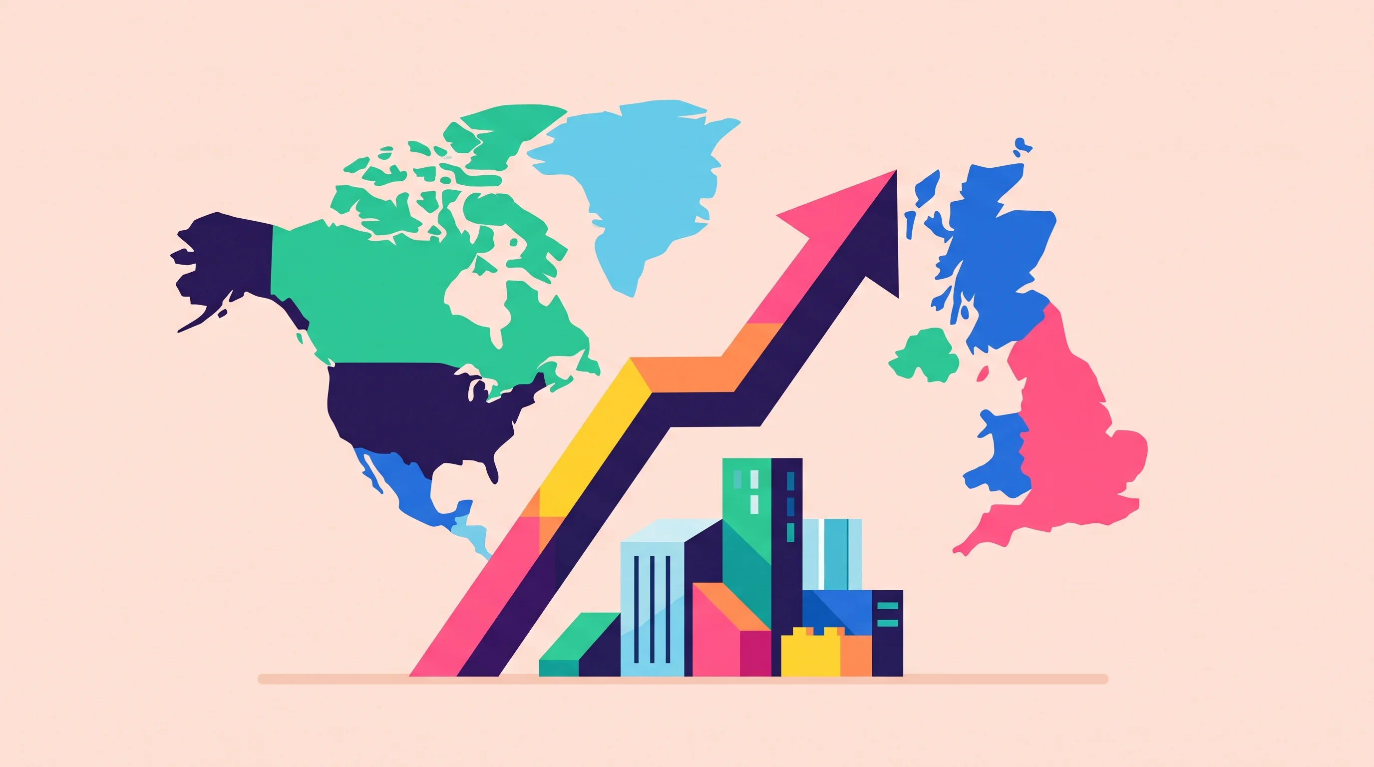 Digital illustration for article section "Hiring and Scaling in Two Geographies" in "Outerlimit raises $16M to secure AI agents for enterprises" - A conceptual, minimalist illustration representing business scaling across two geographies, featurin...