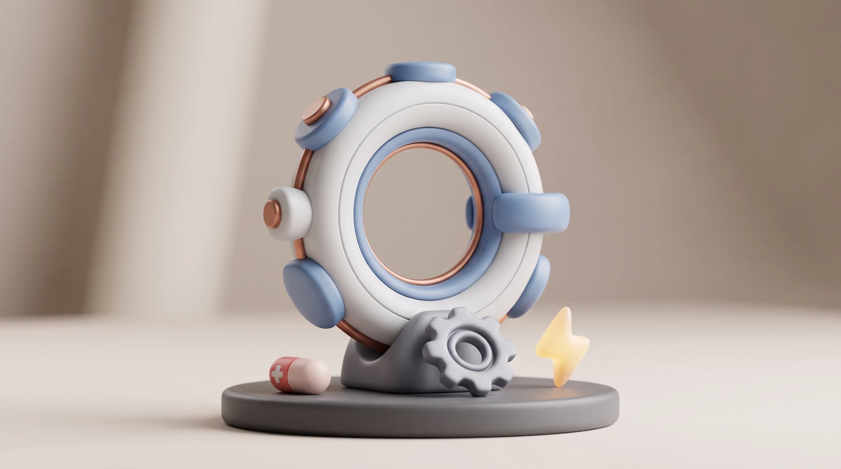 Digital illustration for article section "Content Section 3" in "StandardX raises $13.4M to build world's first isotope refinery" - A clean and minimal 3D miniature model of a compact, high-power particle accelerator, crafted with t...