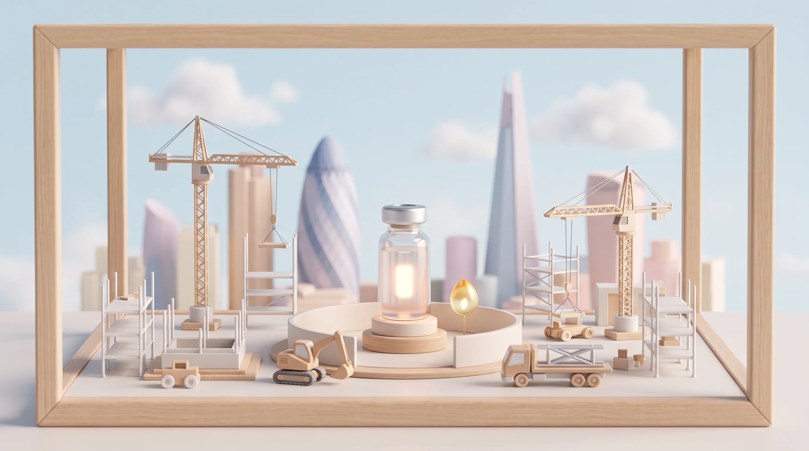 Digital illustration for article section "Content Section 5" in "StandardX raises $13.4M to build world's first isotope refinery" - A clean, minimalist 3D miniature diorama representing a modern industrial site and medical accelerat...