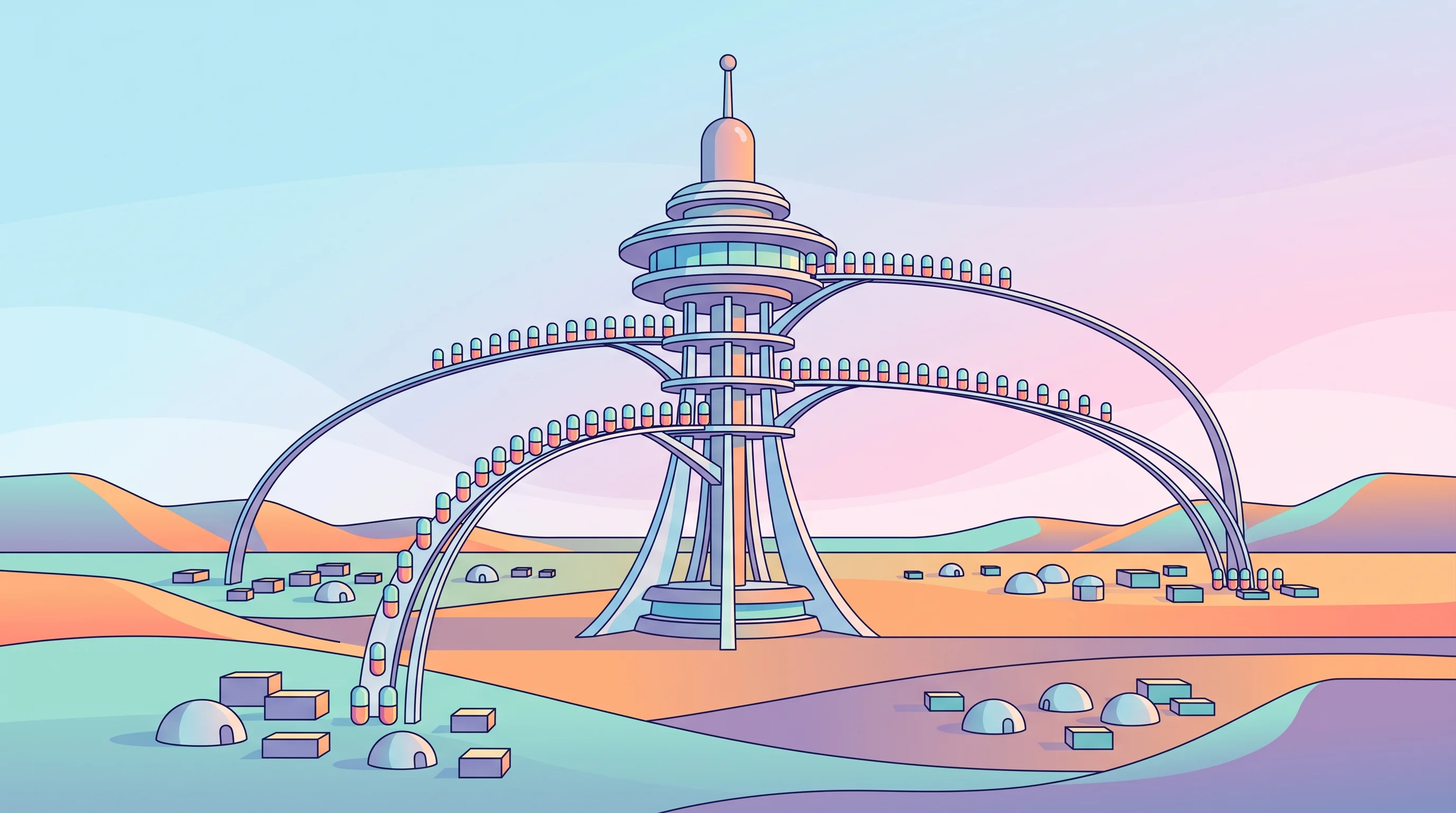 Digital illustration for article section "Content Section 2" in "Clastix raises $3.3M to scale Kubernetes infrastructure" - A sleek, stylized retro-futuristic telecommunications tower elegantly distributing neatly organized ...