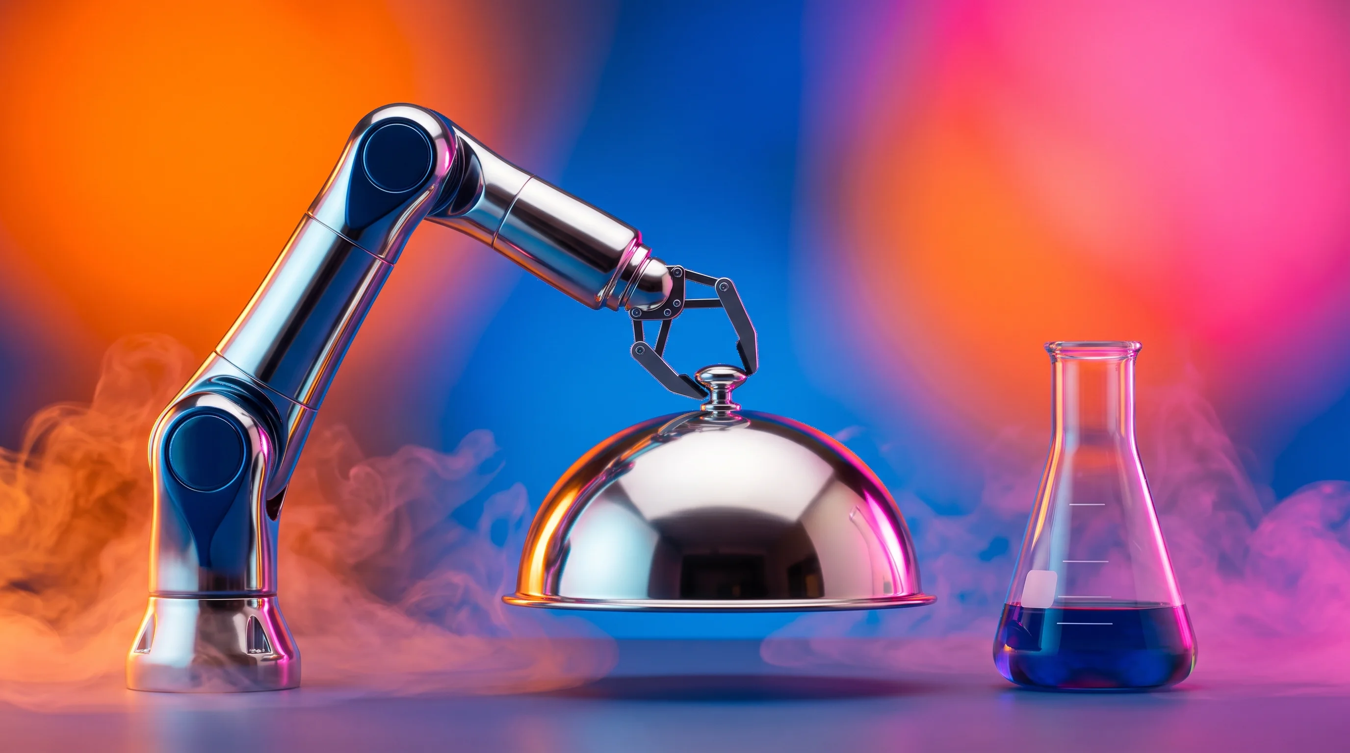 Digital illustration for article section "Customers and traction" in "Feather Robotics raises $7.6M for developer robot platform" - A sleek, minimalist robotic arm gently holding a polished silver restaurant cloche beside a sleek gl...