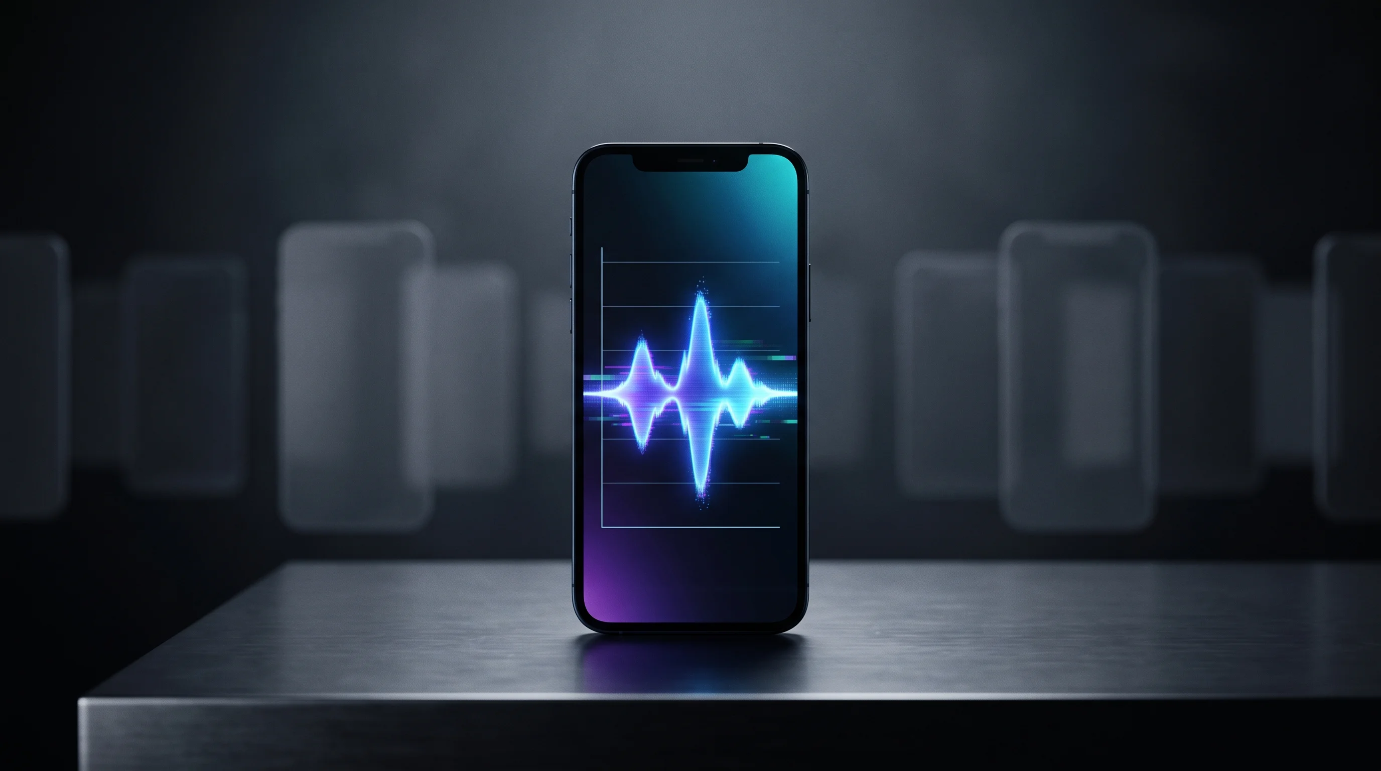 Digital illustration for article section "A Crowded Field" in "Hearing Diagnostics enters liquidation after £1.8M raise" - A sleek, modern smartphone standing upright on a minimalist surface, its screen displaying a clean, ...