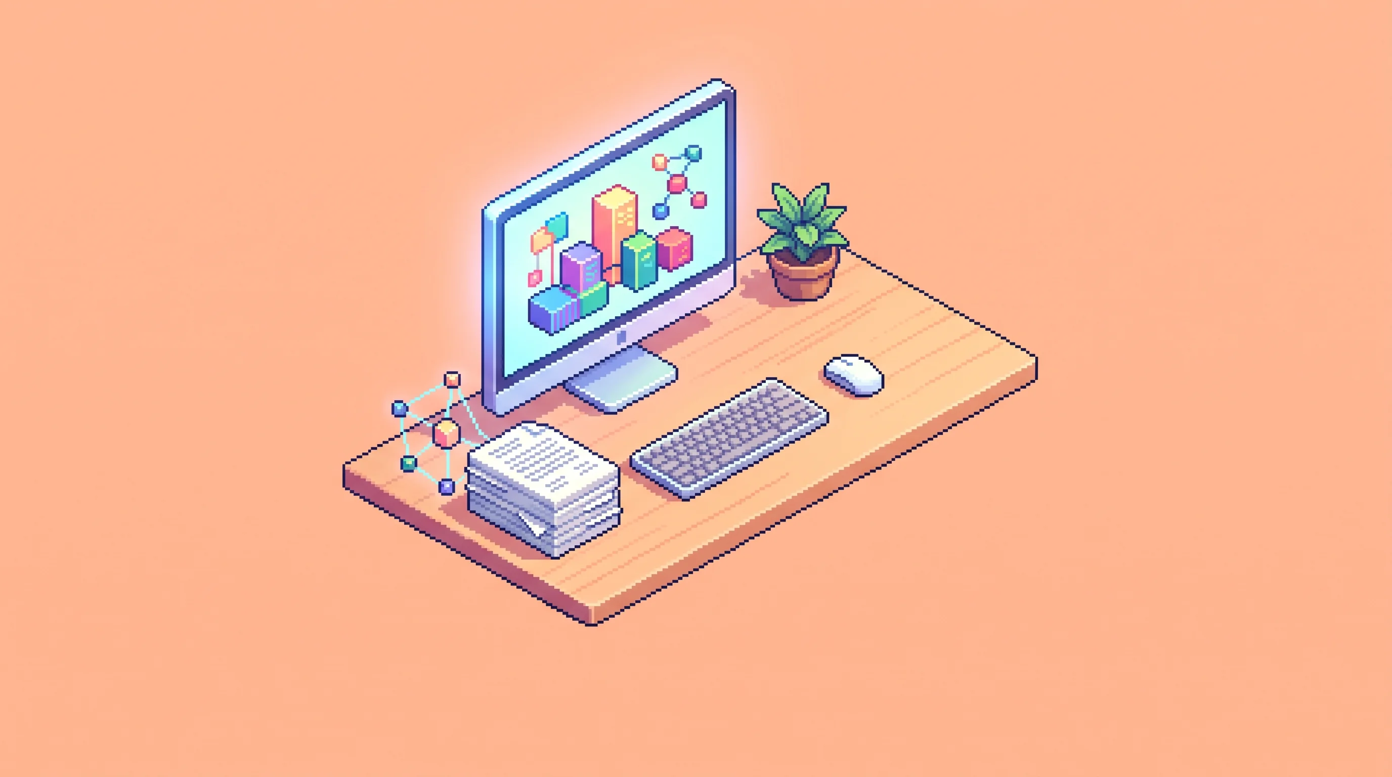 Digital illustration for article section "Content Section 2" in "Midcentury raises $15M for physical AI data infrastructure" - A top-down isometric perspective of a clean, minimalist modern startup workspace, rendered in a poli...